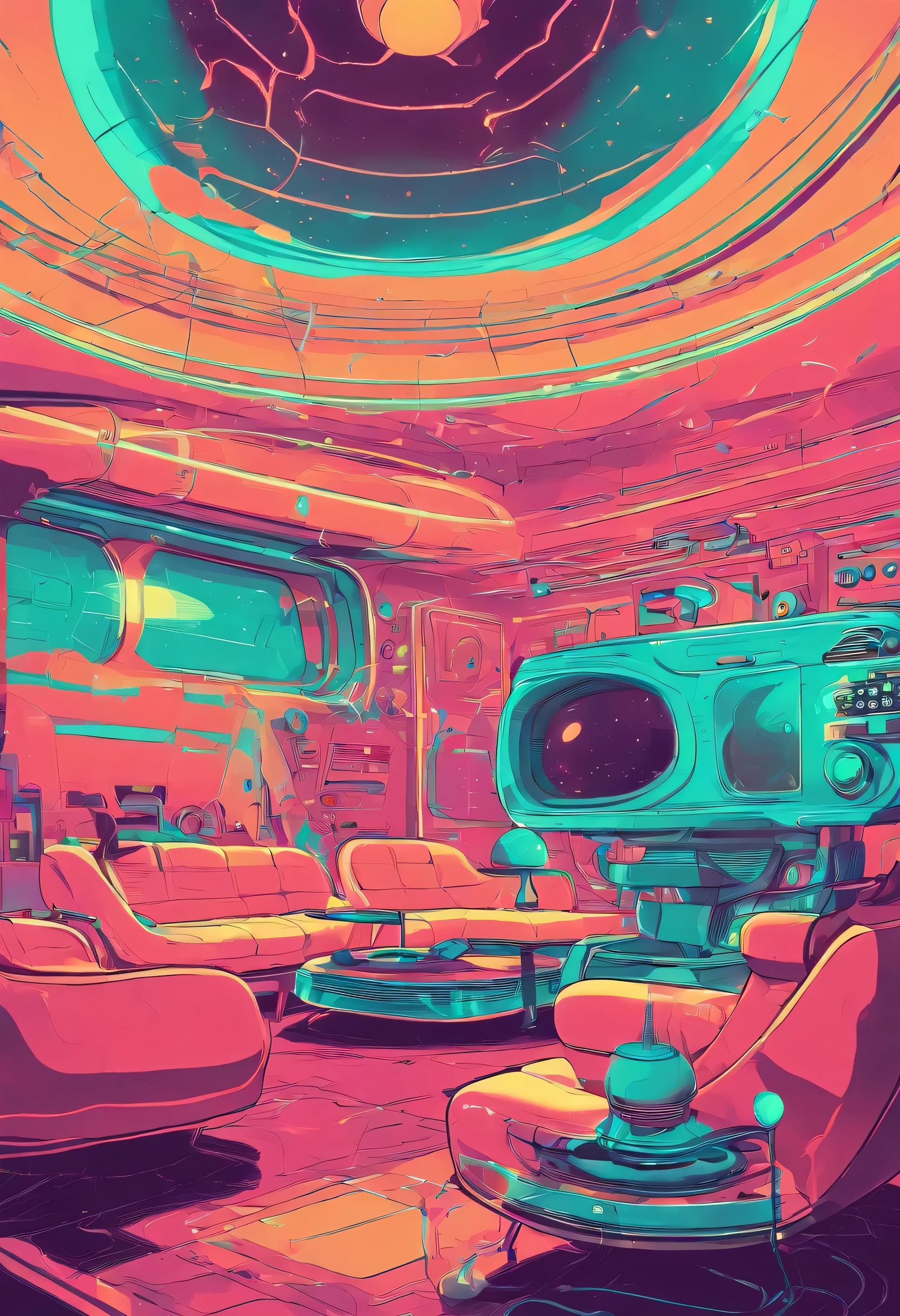 Living room illustration, table, on the table is a synthesizer, many colors, perspective, rays of light, there are a lot of paintings on the walls, A lot of wires