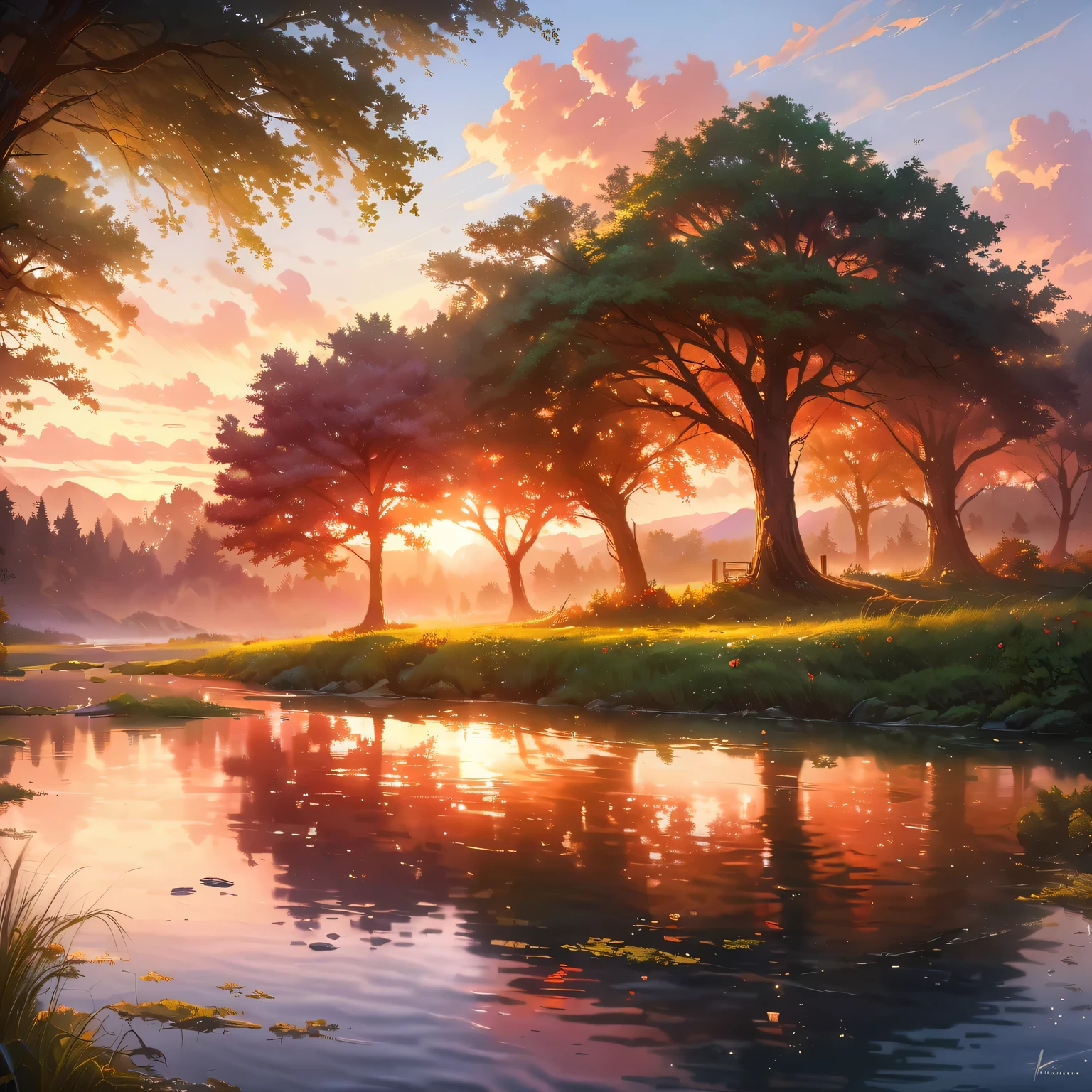 anime,landscape,pond,evening glow,natural colors,vibrant atmosphere,gentle reflections,serene ambiance,lush greenery,flowering trees,tranquil water surface,majestic hills in the distance,idyllic setting,crimson sun in the sky,soft sunlight filtering through the trees,dreamy clouds,picturesque scenery,magical atmosphere,peaceful and calm,elegant bridge over the pond,mirror-like reflections of the trees and clouds on the water surface,subtle ripples on the water created by gently swimming fish,faint sound of chirping birds in the background,whispers of a gentle breeze,feeling of harmony and tranquility,visual feast for the eyes,immersive and captivating,perfect for relaxation and meditation.