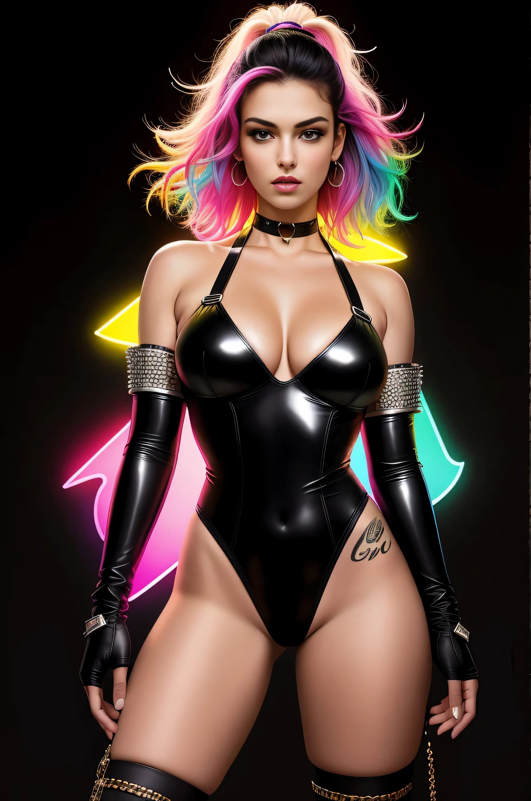 photo of woman, sexy, large breasts, punk, black hair, one side shaved head, ([Britney Spears|Ashley Greene|Amber Heard]:0.85), [stanleylau style|uodenim style], armor suit, hips, sensual, shinny skin, oily skin, tattoos, close up, face focus, detailed face, lips, choker, jewelry, [(colorful explosion psychedelic paint colors:1.21)::0.2], kitchen, masterpiece, best quality, rainbow colors, colorful, high contrast, spread open legs, slutty, bright neon colours, looking at camera, gigantic breasts, cleavage, (high detailed skin:1.2), 8k uhd, dslr, super lighting, high quality, film grain, high res, highly detailed, hyper realistic, beautiful face, beautiful body, beautiful eyes nose lips, alluring expression, very bold, upper visible, full body photo, standing legs apart, pale translucent glowing skin, most beautiful face, cute, (well defined pubic hair:1.2)), (dark plain black background:1.4))