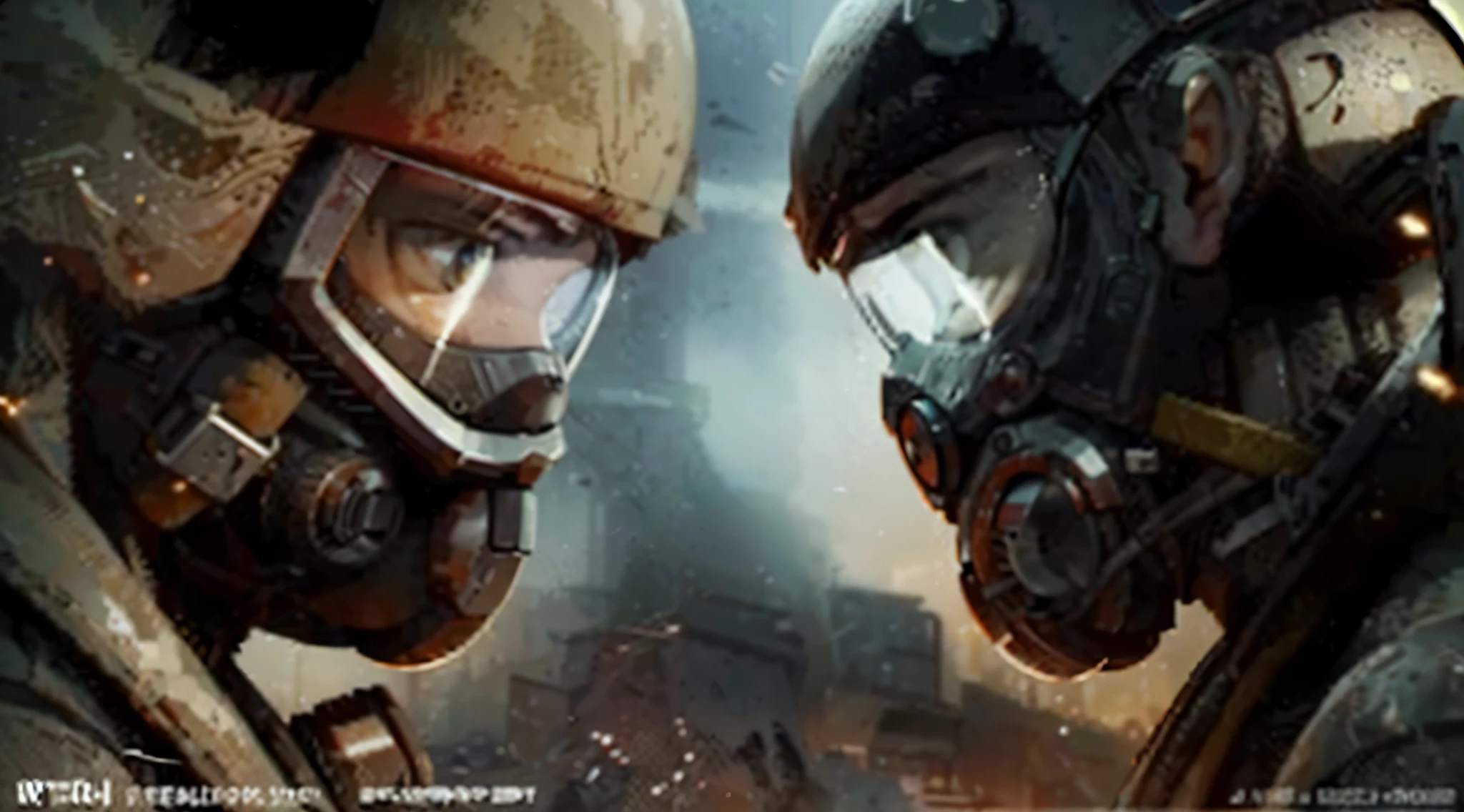 Close-up of two people wearing gas masks on fire, Violent exchanges escalate, Firefighting, cover game art, helghast, Two figures wearing gas masks, intense scene, Soldiers and mechs fighting, Metro 2 0 3 3, Game cover art, Prey movie ( 2 0 2 2 ), Avatar picture, HL 2, fps shooting game, Instagram post