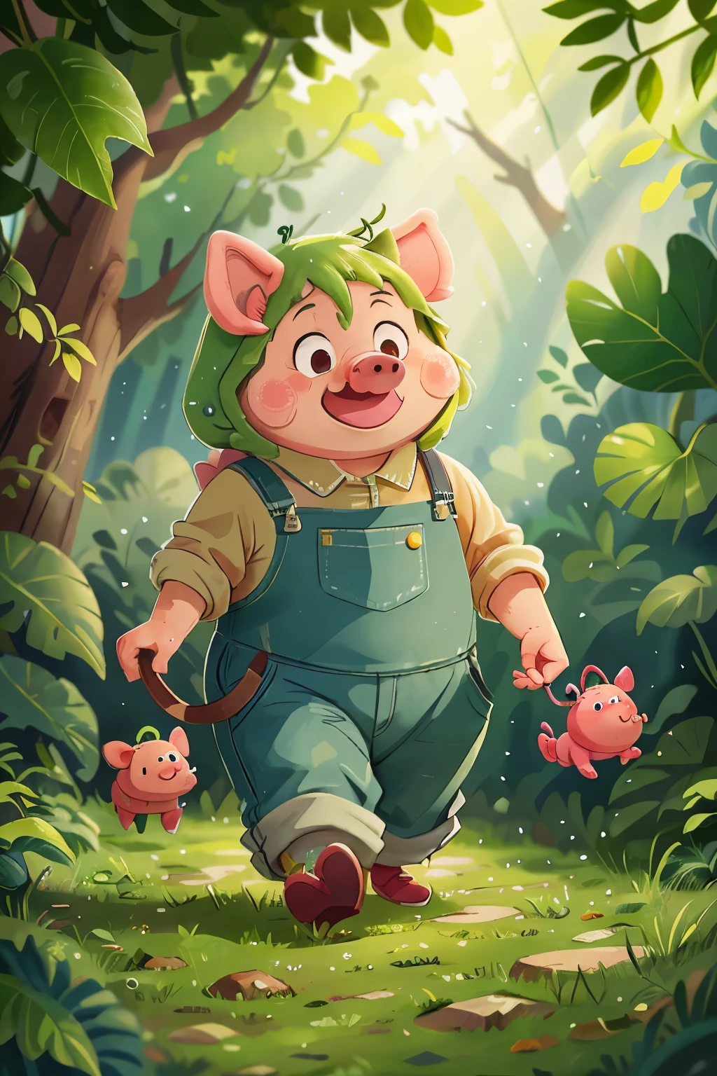 A pig walking upright, dressed in green overalls, happy, happy, perfect quality, clear focus (clutter - home: 0.8), (masterpiece: 1.2) (Realistic: 1.2) (Bokeh) (Best quality) (Detailed skin: 1.3) (Intricate details) (8K) (Detail eyes) (Sharp focus), (Happy)