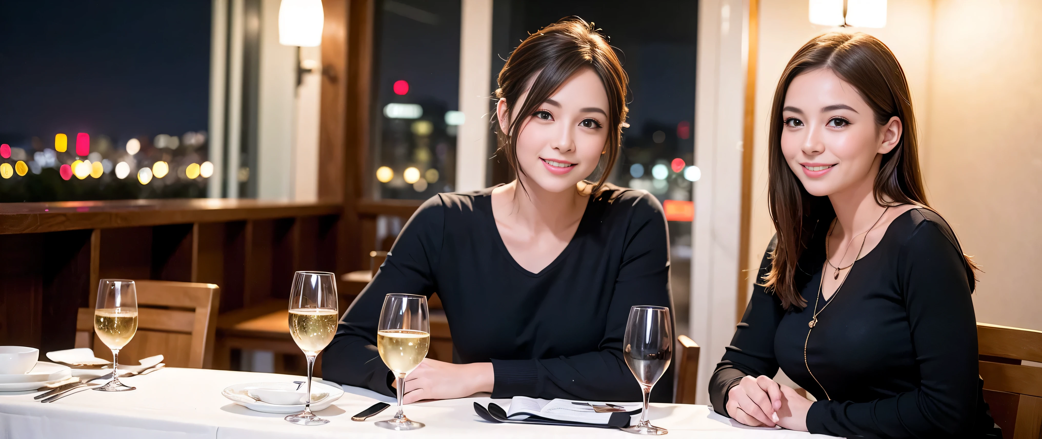 K, Hmm, highest quality, masterpiece: 1.2), (realistic, photorealistic: 1.37), Super detailed, 3 slim beauties, (slim face),Happy、 the best smile、Fox face、Berry Short、(because I'thin), (brown hair), (shortcut), long sleeve shirt、winter fashion、Colombian、Brazilian、Japanese、Dutch、German、Portuguese、Belgian、Italian、French,Champagne、sparKling wine、 (gush out), (slim body), (brown hair), (shortcut), neat beauty、cheeKs turn a little red, (35 years old), 38 years old, alone, A beautiful and detailed night view spreads out outside the window...., restaurant, wine glass is sitting, At night, in a prominent place (from the Upper body) nova frog style, actress, model, Upper body, White wine, slim, wine glass, Very beautiful night view, wine glass Put in the Middle, Happy smile, (smile: 1.15),