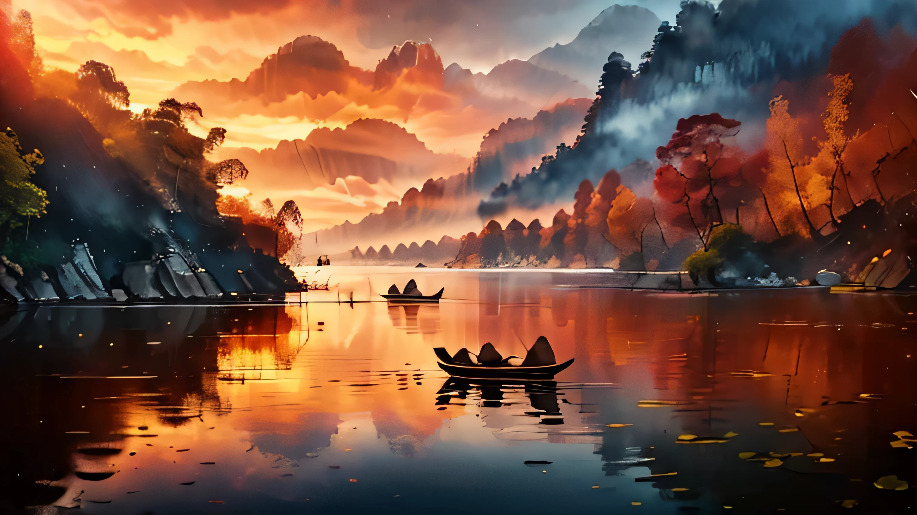 (8k, highres, masterpiece:1.2), ultra-detailed, realistic:1.37, evening pond, calm water, golden sunset, tranquil atmosphere, gentle ripples, lush greenery, vibrant reflections, graceful lotus flowers, serene environment, peaceful setting, subtle color palette, soft natural lighting, sunset