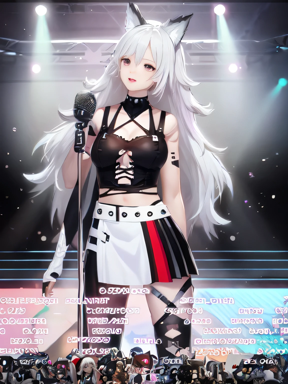 anime girl with white hair and lilac eyes in a black outfit with a microphone and microphone, virtual model of youtuber live2d, Anime VTuber Full Body Model, Tifa Lockhart with white hair, girls on the front line universe, from girls on the front line, The perfect white-haired girl, from the video game Azur Lane, my dressy anime, Expensive, girls on the front line style, visual novel cg, small parts. girls on the front line, on stage, 4k, 8k, hd, anime girl in a black outfit with a microphone and microphone, virtual model of youtuber live2d, Anime VTuber Full Body Model, Tifa Lockhart with white hair, girls on the front line universe, from girls on the front line, The perfect white-haired girl, from the video game Azur Lane, my dressy anime, Expensive, girls on the front line style, visual novel cg, small parts. girls on the front line, high facial detail, Face quality, drawing fingers, detailed fingers, Fox ears, Fox Girl