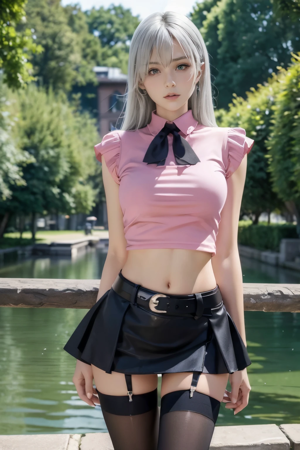 masterpiece, best quality, highres, Elizabeth, 1girl, jewelry, single thighhigh, silver hair, hair over one eye, smug , midriff, black skirt, asymmetrical legwear, pink shirt, black thighhighs, belt, miniskirt , wind upskirt showing pantie , landscape, standing, standing, portrait,  sexy body .