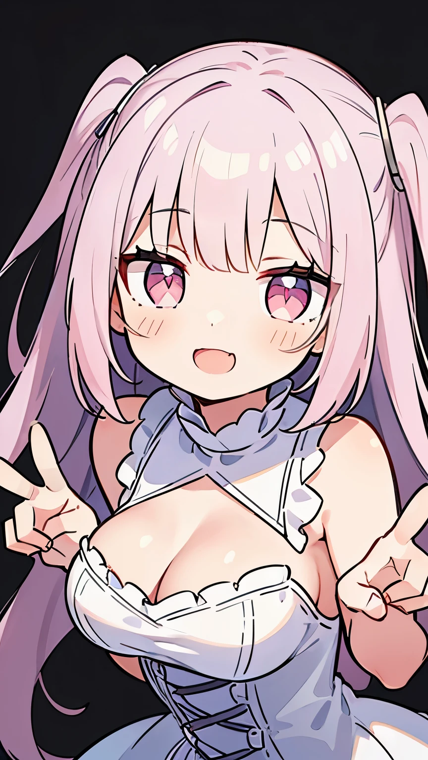 Pueros face_V1:0.24, highest quality, realistic, 8K, High resolution, 1 girl, girl, (skin dents), (portrait), ((simple background:1.62)), full color, ((big round breasts,frills)), look straight at the viewer:1.8, (1 girl eyes looking at viewer:1.55), (Long-length hair, silver hair, two side up,straight bangs:1.45,pink eyes), (Bokeh),looking at the viewer,open mouth smile,Shining eyes,cute pose,sparkling eyes,Super high quality,dynamic pose,date situation,whole body