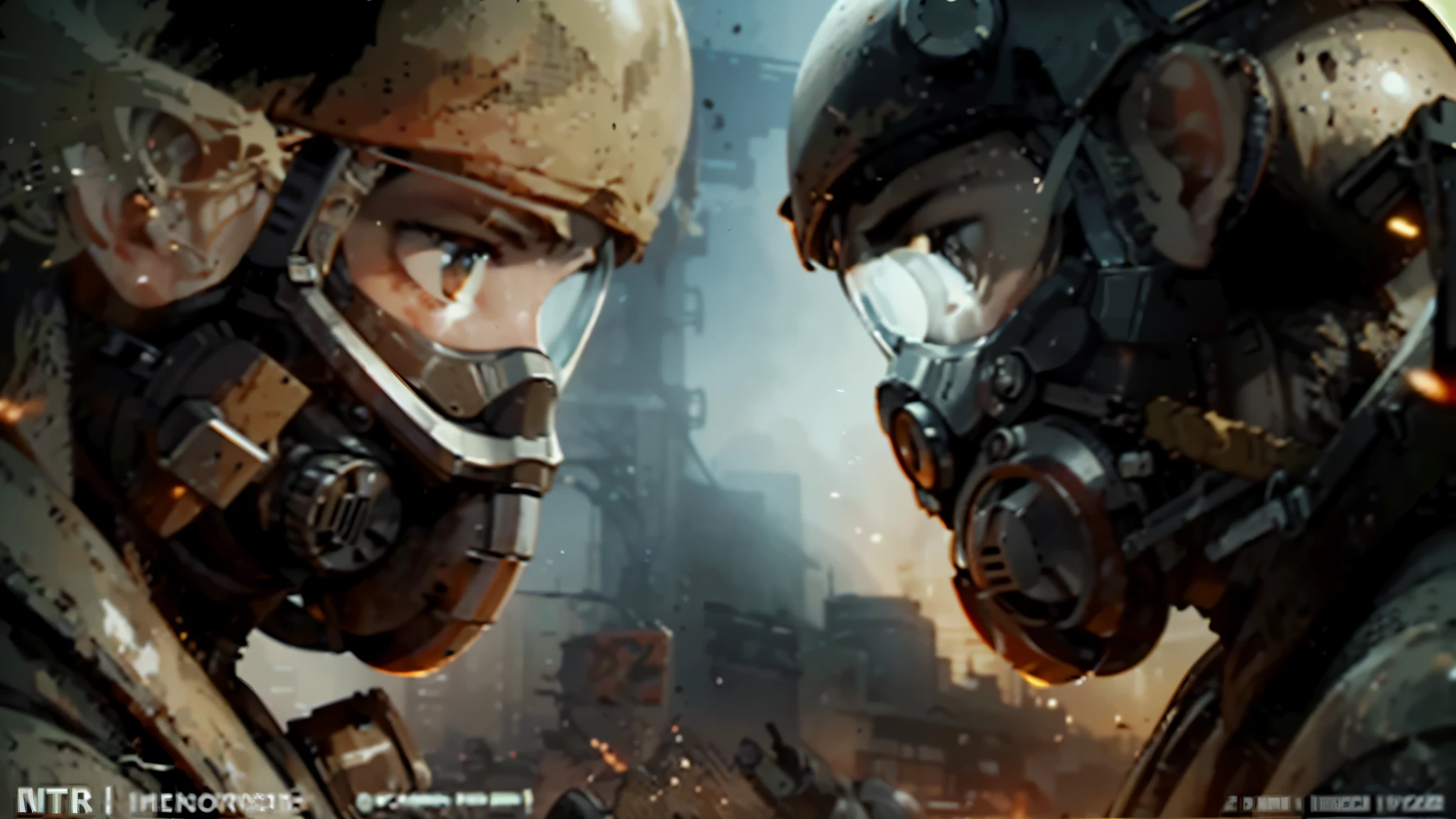 Close-up of two people wearing gas masks on fire, Violent exchanges escalate, Firefighting, cover game art, helghast, Two figures wearing gas masks, intense scene, Soldiers and mechs fighting, Metro 2 0 3 3, Game cover art, Prey movie ( 2 0 2 2 ), Avatar picture, HL 2, fps shooting game, Instagram post