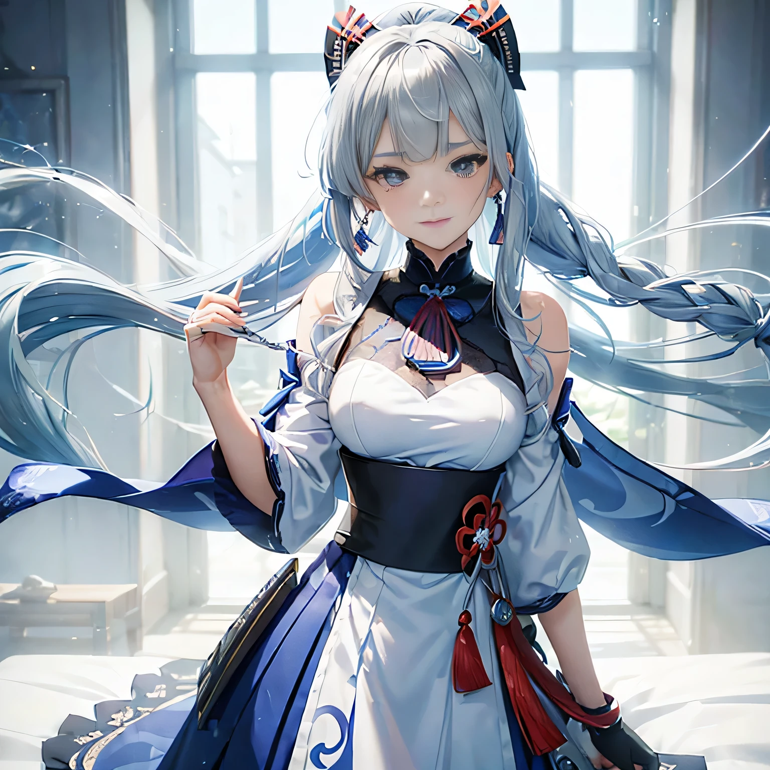 ((Kamisato Ayaka in Genshin Impact)),solo, ((semi long beautiful silver blue hair,beautiful blue eyes)),
face,crying,(looking at the viewer),very cute, innocent smile,Lace chalker, diamond necklace,earrings,