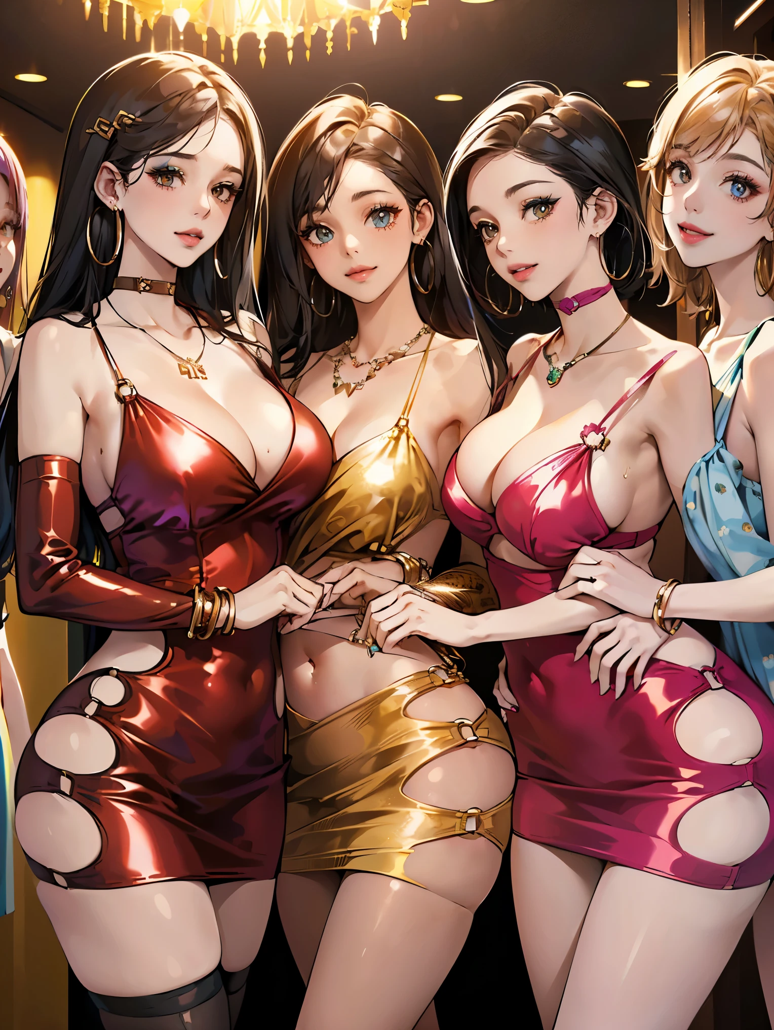 masterpiece, official, (4girls:1.4), (mature women lined up with their are sticking out towards viewer:1.4), (bodycon, microdress), (detailed pupils, perfect eyes:1.2), (extremely wrinkled shiny clothes reflecting light:1.2), glitter, sparkly golden, (hoop earrings), necklace, latex, gleaming skin, glamorous perfect female proportion, captivating smile, detailed surface texture, evil smile, (venue)