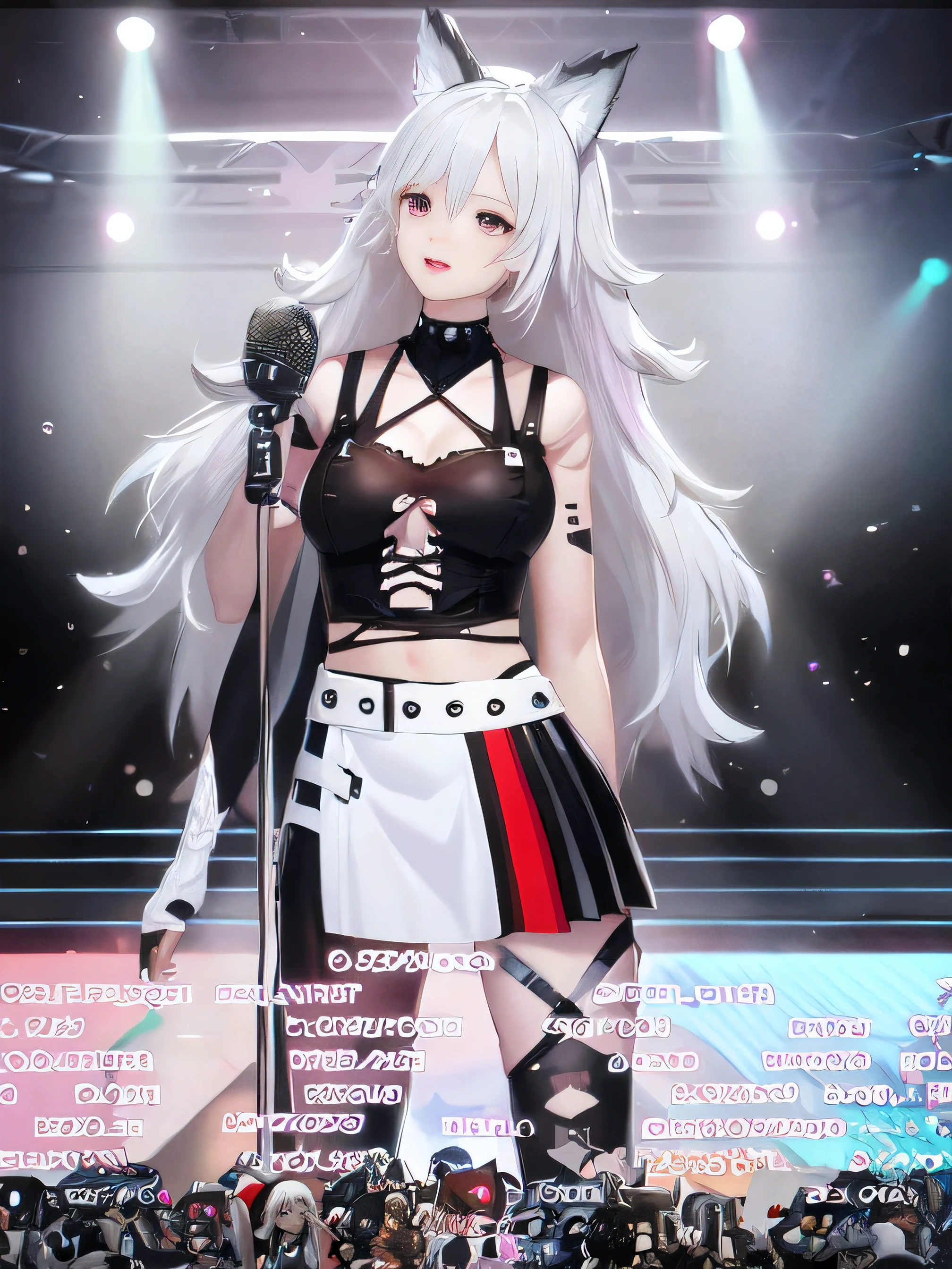 anime girl with white hair and lilac eyes in a black outfit with a microphone and microphone, virtual model of youtuber live2d, Anime VTuber Full Body Model, Tifa Lockhart with white hair, girls on the front line universe, from girls on the front line, The perfect white-haired girl, from the video game Azur Lane, my dressy anime, Expensive, girls on the front line style, visual novel cg, small parts. girls on the front line, on stage, 4k, 8k, hd, anime girl in a black outfit with a microphone and microphone, virtual model of youtuber live2d, Anime VTuber Full Body Model, Tifa Lockhart with white hair, girls on the front line universe, from girls on the front line, The perfect white-haired girl, from the video game Azur Lane, my dressy anime, Expensive, girls on the front line style, visual novel cg, small parts. girls on the front line, high facial detail, Face quality, drawing fingers, detailed fingers, Fox ears, Fox Girl