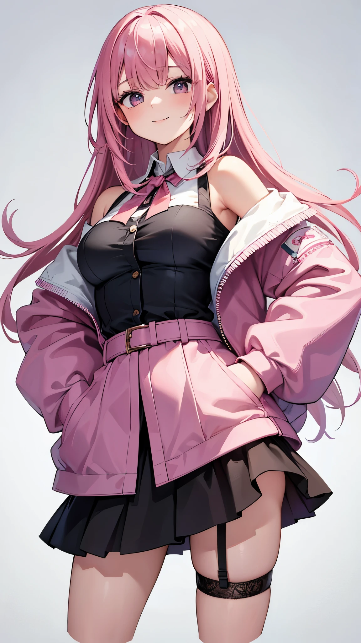 masterpiece, highest quality, pink hair, 1 girl, flowing bangs, medium hair, medium breasts, off shoulder, skirt, High resolution. white background, light smile, collared jacket, mature woman, cropped legs, Face-to-face audience, black garter belt, Are standing, put one's hand in one's pocket