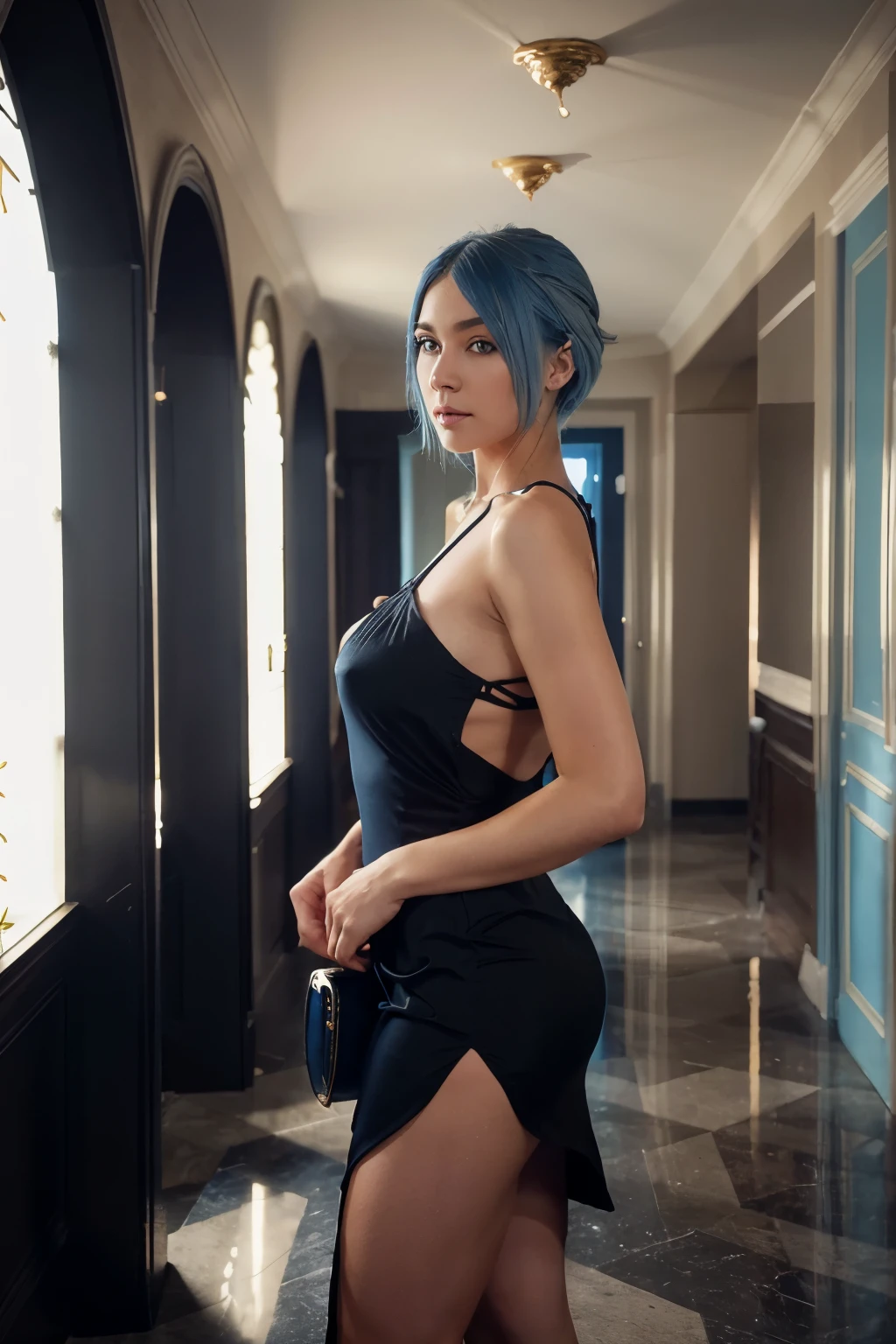 araffe wearing a black dress and high heels standing in a room, by Emma Andijewska, style of julia razumova, black outfit, very sexy outfit, sexy outfit, sexy look, fantasy outfit, by Elena Guro, ekaterina, wearing an elegant outfit, by Myra Landau, profile image, christina kritkou, Alina ivanchenko, shoulder length blue hair, shoulder length blue hair, light blue hair, sky blue hair, looking at camera, big breasts covered, pretty face, fancy hallway, photo realistic, ultra HD