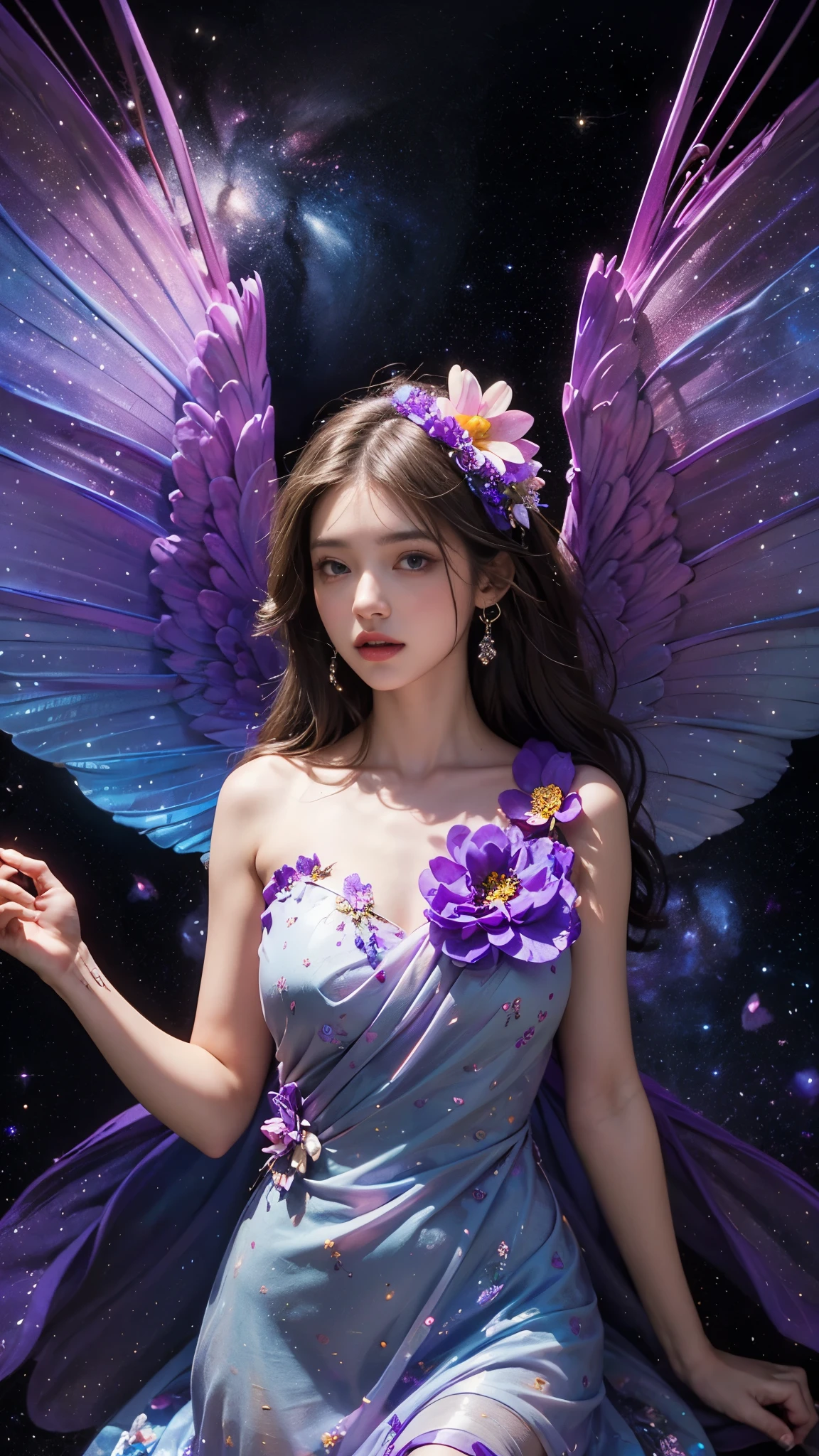 4k ultra hd, masterpiece, a girl, good face, detailed eyes, detailed lips, flower fairy girl, big wings, transparent wings, neon lights, (galaxy background:1.5), (flower dress:1.8), (purple dress:1.5), in the heaven,