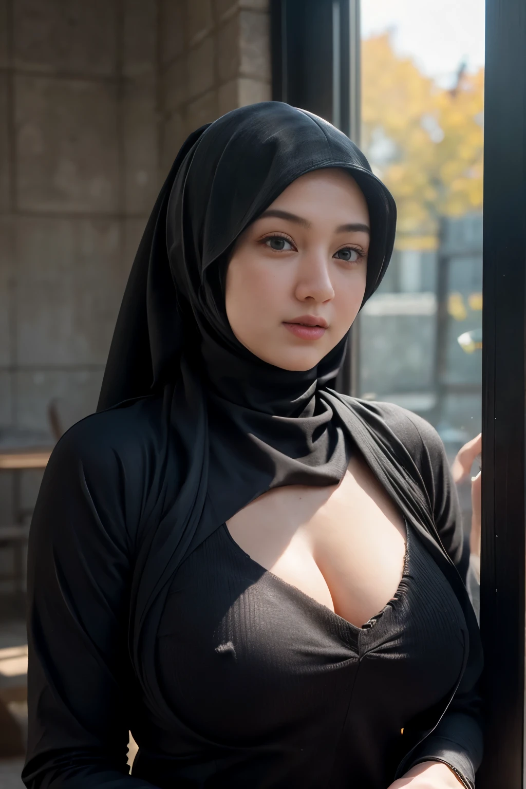 massive breasts, mongolian, (((hijabi))), cleavage, reflection light, chiaroscuro, depth of field, cinematic lighting, ray tracing, Sony FE GM, UHD, super detail, masterpiece, textured skin, high details, best quality, award winning，3D,hdr（HighDynamicRange）,Ray traching,NVIDIA RTX,Hyper-Resolution,Unreal 5,Subsurface scattering、PBR Texture、post-proces、Anisotropy Filtering、depth of fieldaximum definition and sharpnesany-Layer Textures、Albedo e mapas Speculares、Surface coloring、Accurate simulation octane rendering of light-material interactions、Two-colored light、largeaperture、Low ISO、White balance、the rule of thirds、8K raw data