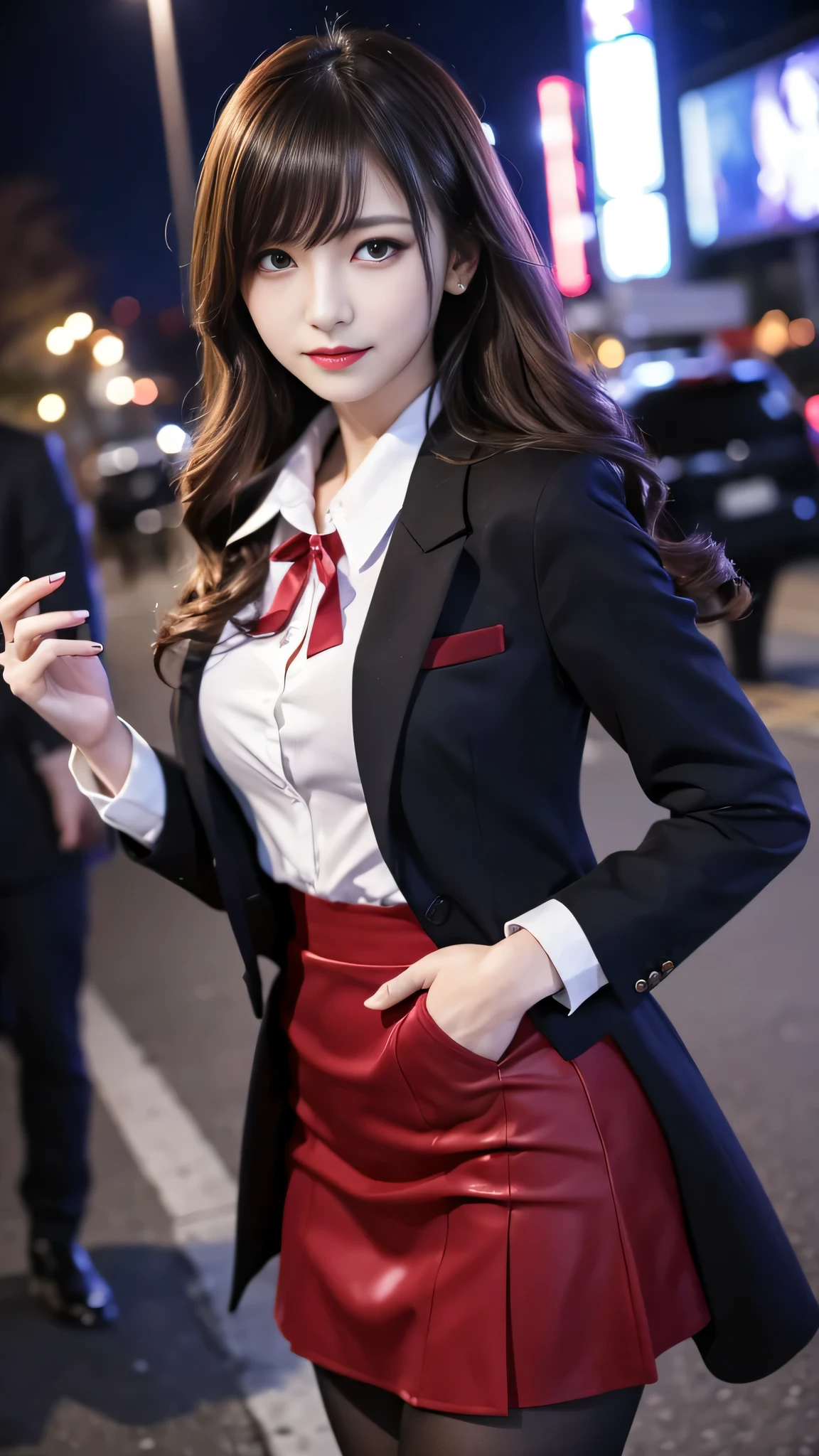 (8k, RAW Photos, highest quality, masterpiece: 1.2), Super detailed, Super Resolution, (Genuine, Genuine photos: 1.37), Red tartan mini skirt,Red blazer,Black tie,Black Stockings,Low heels,
