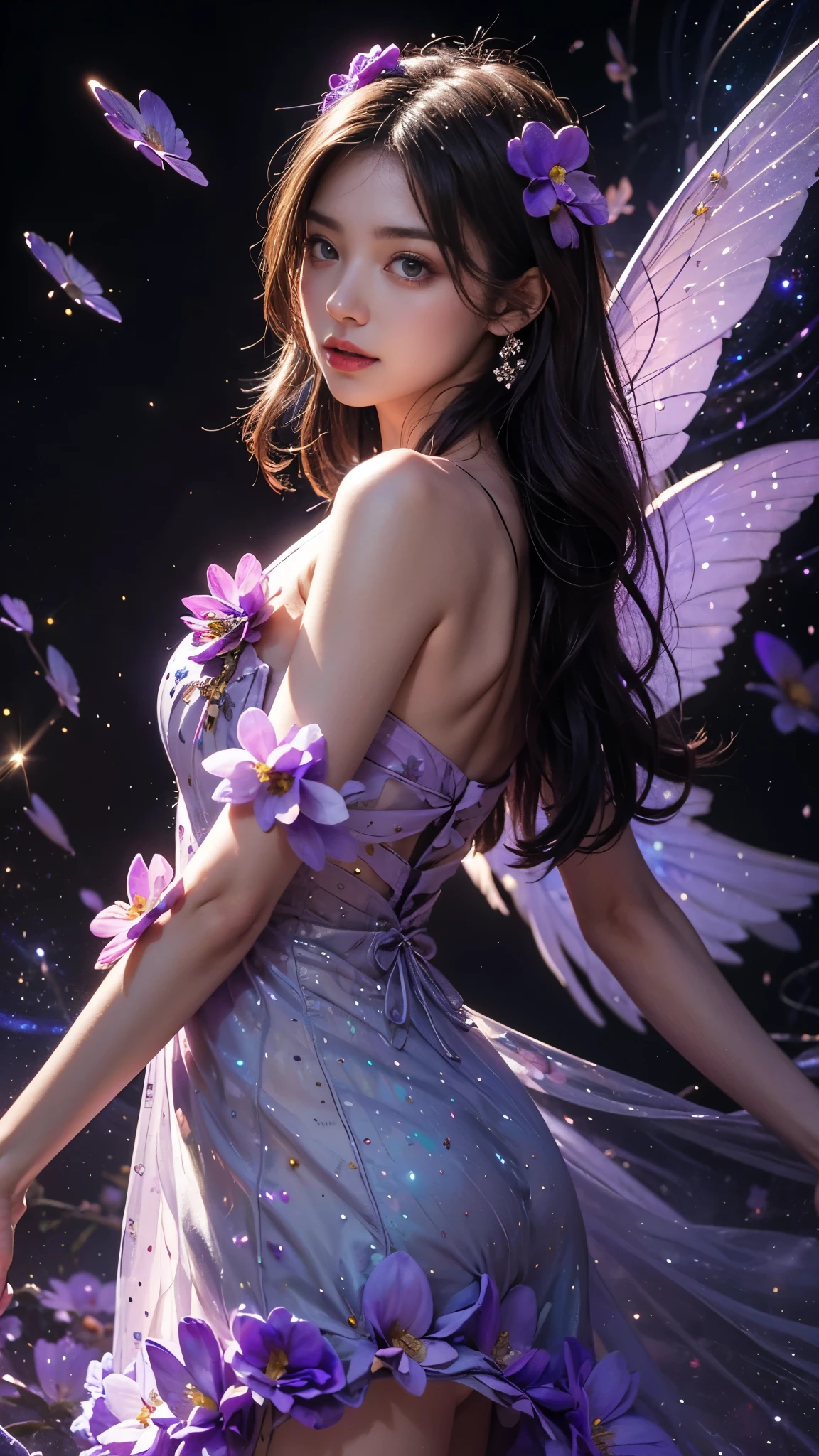 4k ultra hd, masterpiece, a girl, good face, detailed eyes, detailed lips, flower fairy girl, big wings, transparent wings, neon lights, (galaxy background:1.5), (flower dress:1.8), (purple dress:1.5), in the heaven,