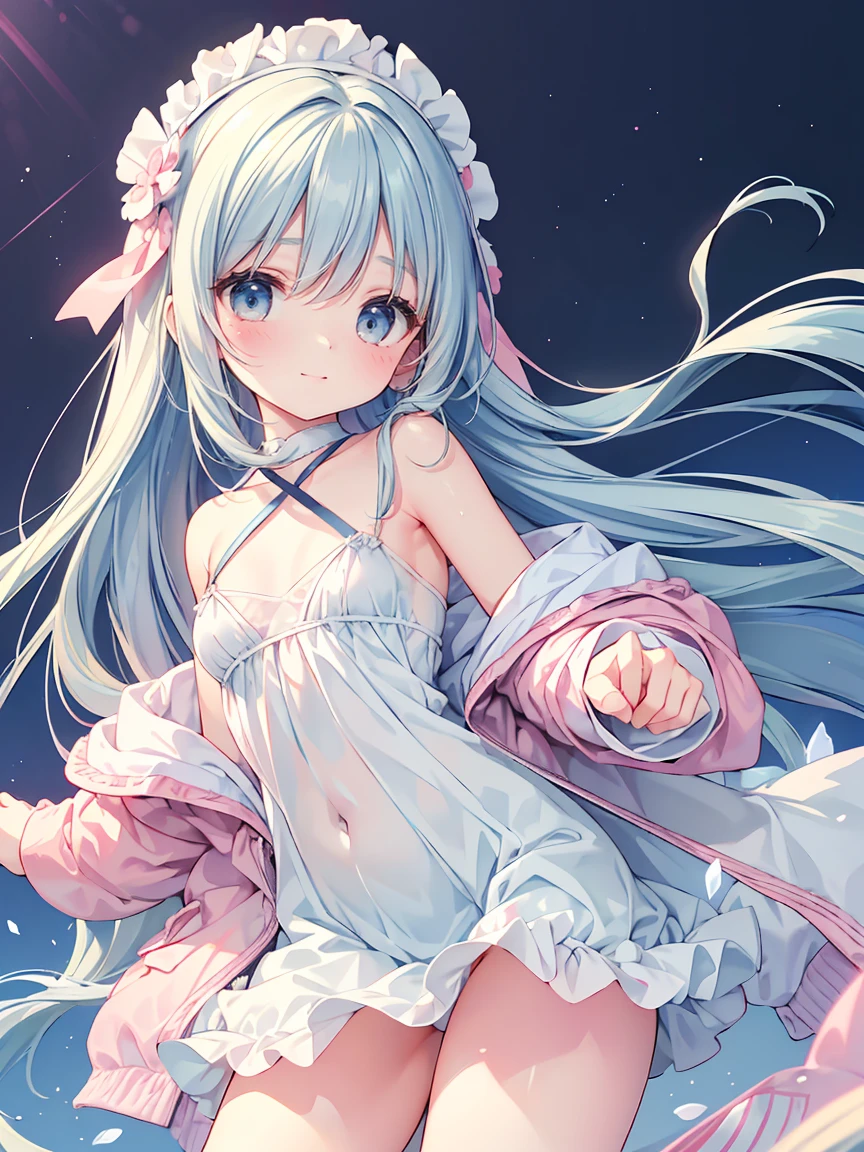 masterpiece, best quality, extremely detailed, (illustration, official art:1.1), 1 girl ,(((( light blue long hair)))), light blue hair, ,, long hair ((blush)) , small breasts,cute face, big eyes, masterpiece, best quality,(((((a very delicate and beautiful girl))))),Amazing,beautiful detailed eyes,blunt bangs((((little delicate girl)))),tareme(true beautiful:1.2),seductive smile, sense of depth,dynamic angle,,,, (show off own areola slip:1.2)affectionate smile, ,(tiny 1girl model:1.2) ((masterpiece, best quality, extremely detailed, absurdres)), focused leg, wet, sweat, shiny skin, open stance,, restrained, , point light, azhiichigo style,big eyes, thick lines, cute, 1girl, patisserie, baking goods, slim pink and white skirt, tube top with coat, happy, floating, kawaii, cute, sparkles, magic bakery