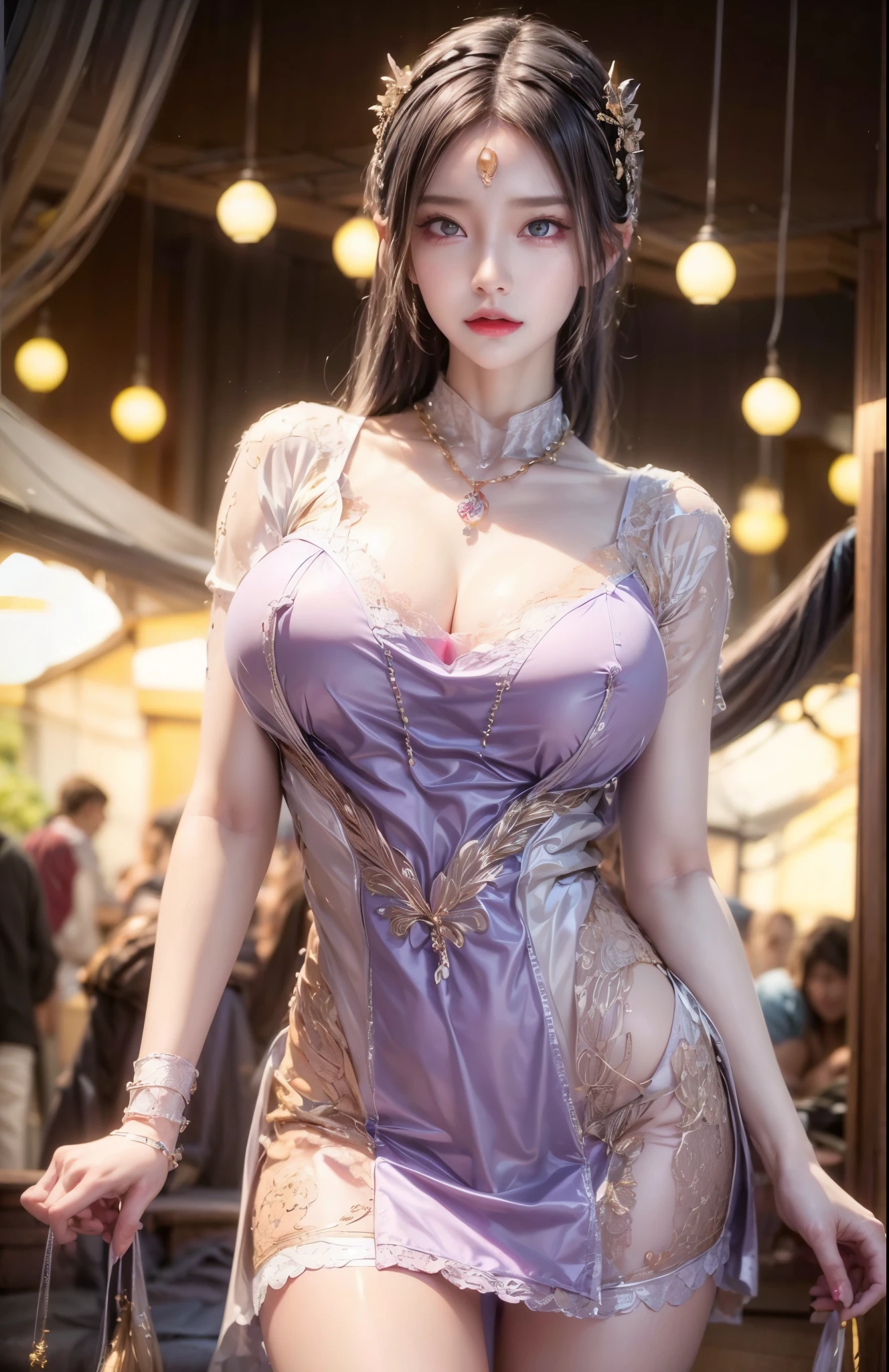 realistic, 1 women, best quality, 12k, HD, long hair, big round breasts, cleavage, ponytail, necklace, jewelry, shorts, short jacket, slim hips, hair tie, yellow eyes, black hair, super detailed, Eye details, hair details, person details, mouth details, face details, breast details, clothes details, hair details, pants details, hand details, whole body