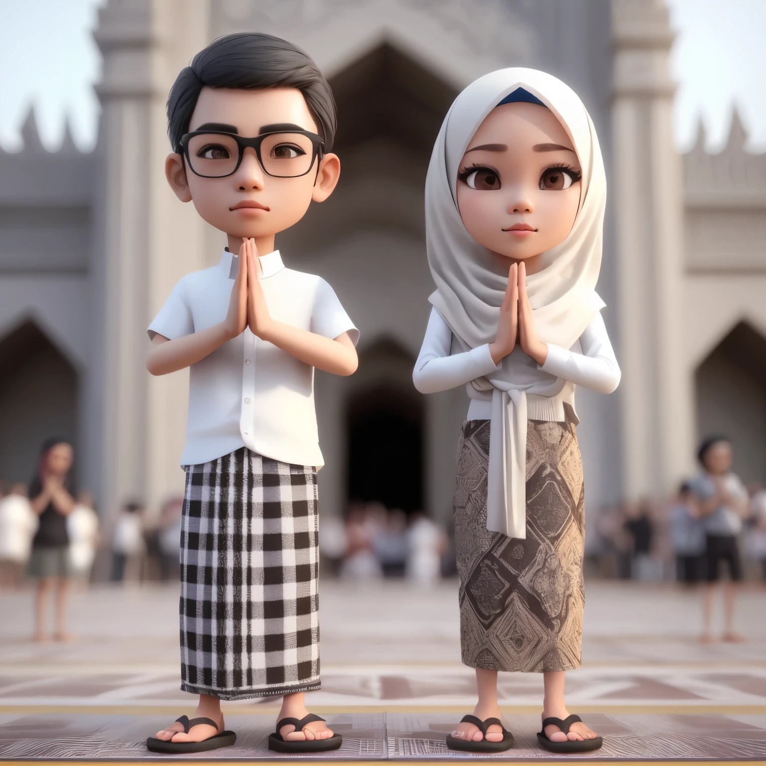 Karikatur 3D realistis nyata, pasangan orang indonesia, berumur 5 tahun, cantik, berhijab, memakai pakaian muslim berwarna putih,sendal jepit,pose berdiri , pose tangan menekuk di dada seolah menunjukkan gestur Namaste 🙏,sambil menghadap ke arah depan, berlatar belakang putih, karikatur 3D realistis nyata