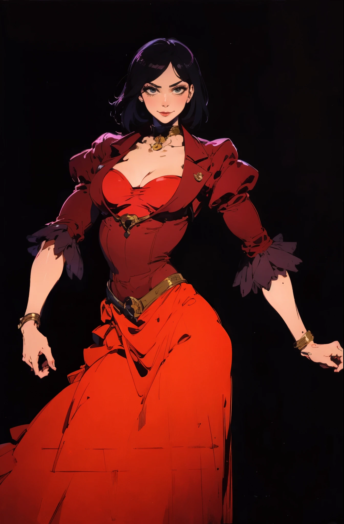 A beautiful woman with medium-length chestnut-black hair, Latin American heritage, a flawless oval face, passionate gaze, sweet smile, tall and graceful dancer's figure, a fantasy-realism style flamenco-inspired dress, flowing skirt, alternating red and black textures, red as the main color, complemented by black accents, she gracefully performs her dance moves on the stage of a fantasy-style Western tavern, this character embodies a finely crafted fantasy-realism style Flamenco dancer in anime style, exquisite and mature manga art style, perfect body, perfect nose, perfect mouth, perfect eyes, perfect smille, goddess, feminine, (Morena Baccarin:1.2), high definition, best quality, highres, ultra-detailed, ultra-fine painting, extremely delicate, professional, anatomically correct, symmetrical face, extremely detailed eyes and face, high quality eyes, creativity, RAW photo, UHD, 32k, Natural light, cinematic lighting, masterpiece-anatomy-perfect, masterpiece:1.5