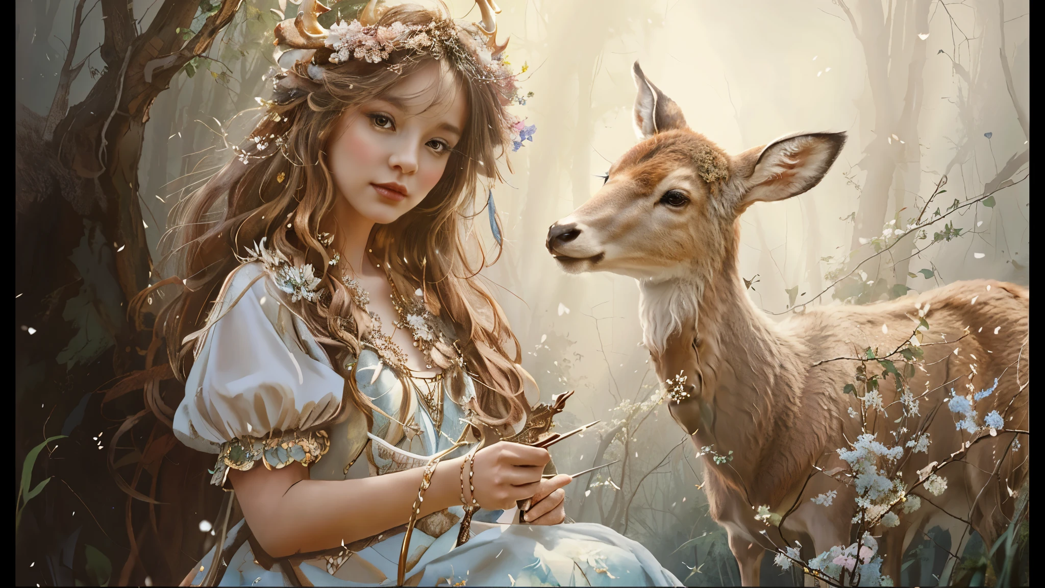 There's a girl standing next to a deer, beautiful digital art, Beautiful and gorgeous digital art, beautiful fantasy art, beautiful art, very beautiful digital art, beautiful digital artwork, very beautiful fantasy art, beautiful fantastic paintings, fantasy beautiful, realistic cute girl drawing, cute beautiful, cute digital art, adorable digital paintings, beautiful art uhd 4 k