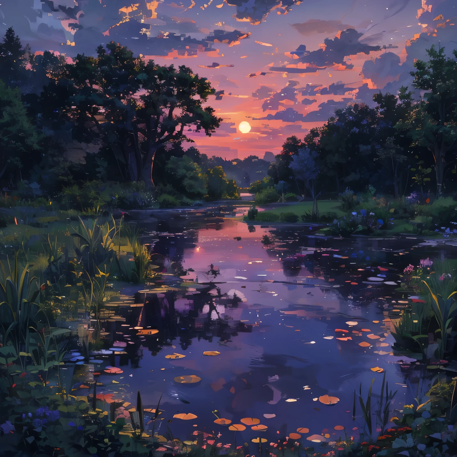 (best quality, masterpiece:1.2), pixel art, 16 bits, Isometric composition, cut out, a lush pond, Sky, evening, purple tint, prime time