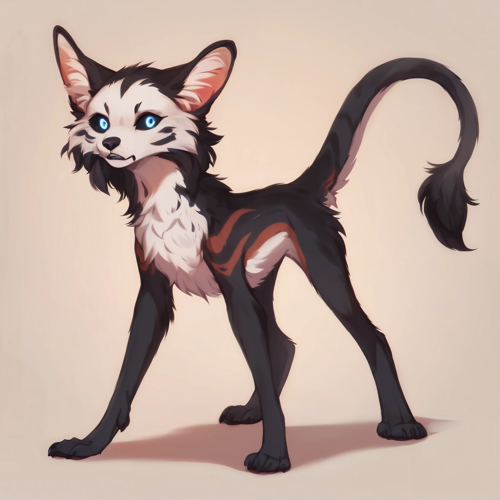 score_9, score_8_up, score_7_up, score_6_up, score_5_up, score_4_up, show accurate, full body, simple background, solo, feral chupacabra, female chupacabra, age chupacabra, adorable face, standing on all fours, black sclera, sapphire blue eyes, bright eyes, playful look, overflowing emotion, skinny body, full black fur, white fur, white face, only black and white color fur, white chest, black tail, black legs,