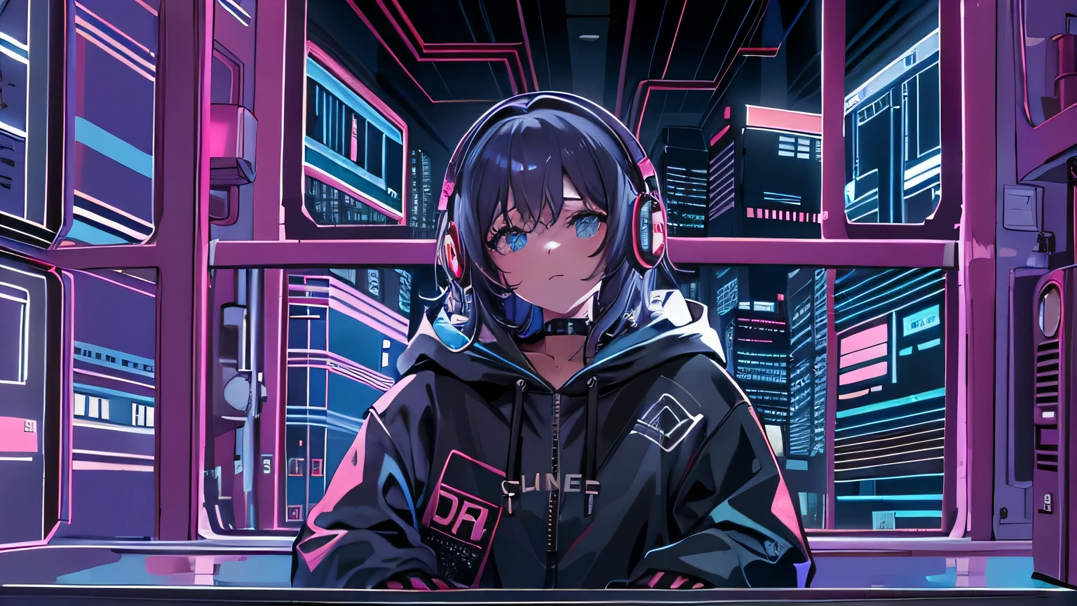 (1girl, black hair, long hair, headphones, hoodie, leaning back in the chair and looking up at the ceiling), (dark room, blue monitor light, blue neon)