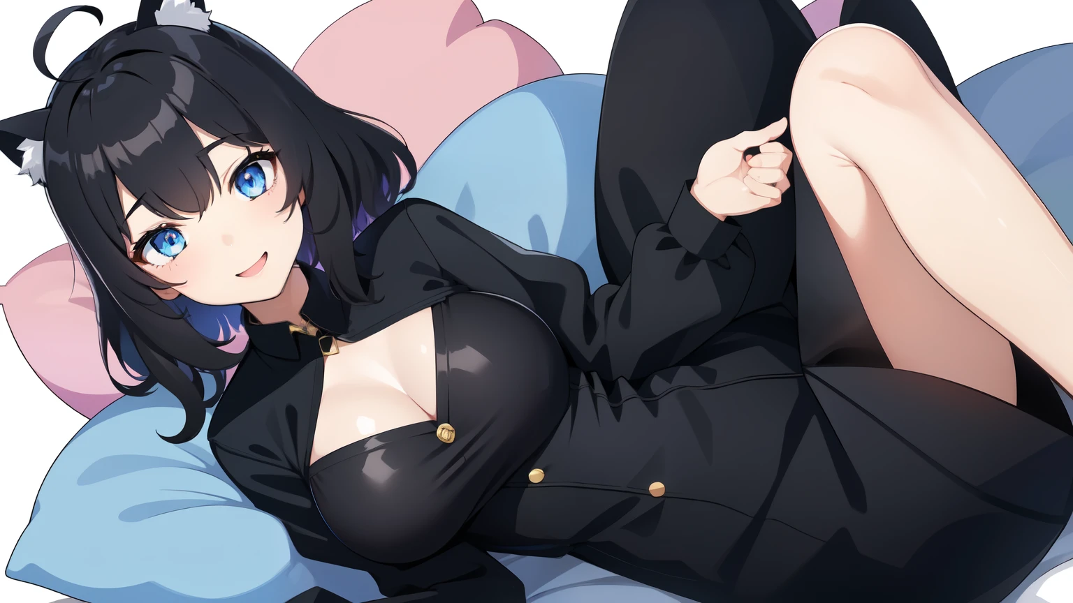 looking at the viewer, 1 girl, open your mouth, smile, Virtual YouTuber、with a girl、((highest quality, expensive_solve, clear_image)),(black hair), (black cat ears), (Ahoge), (ridiculously short hair), (wavy hair), (blue eyes),、laughter、very big breasts,、dressed in loungewear、