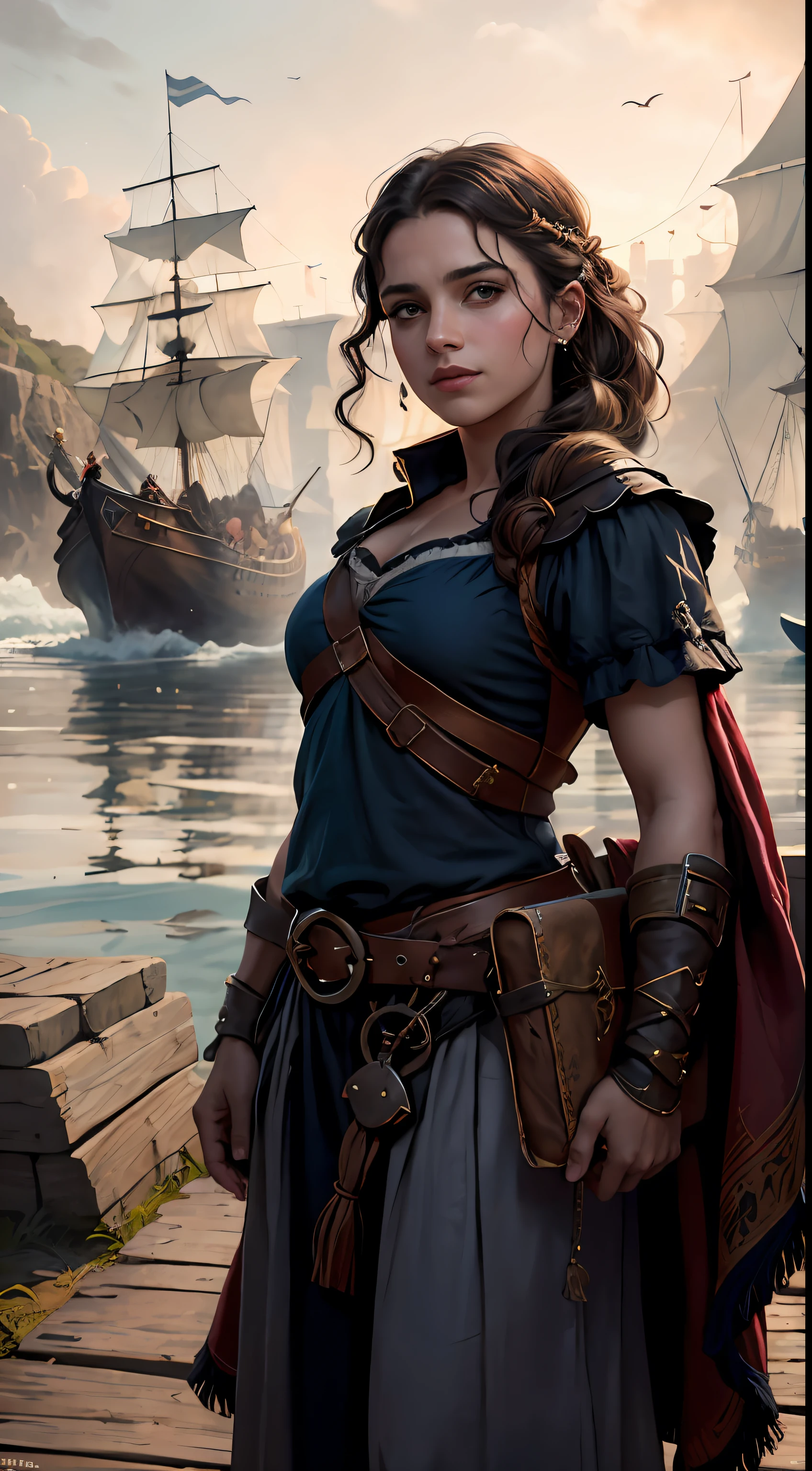 loira medieval (pirata: 1.2) com casaco preto, seios enormes, belas curvas, decote, cintos, Slacks, standing on the docks in (Crowd of sailors: 1.1) leather and cold winter skin working beautiful overcast sky bright morning light (nevoeiro: 1.1) (chovendo: 1.1 ), (obra-prima:1.2) (illustration:1.1) (melhor qualidade:1.2), sharp focus, Studio photo, detalhes intrincados, altamente detalhado, profundidade de campo, sharp focus, High detail, textura de pele realista, Realistic, fotorrealista, Arte Digital, tinta escura, Directed by: Greg Rutkowski