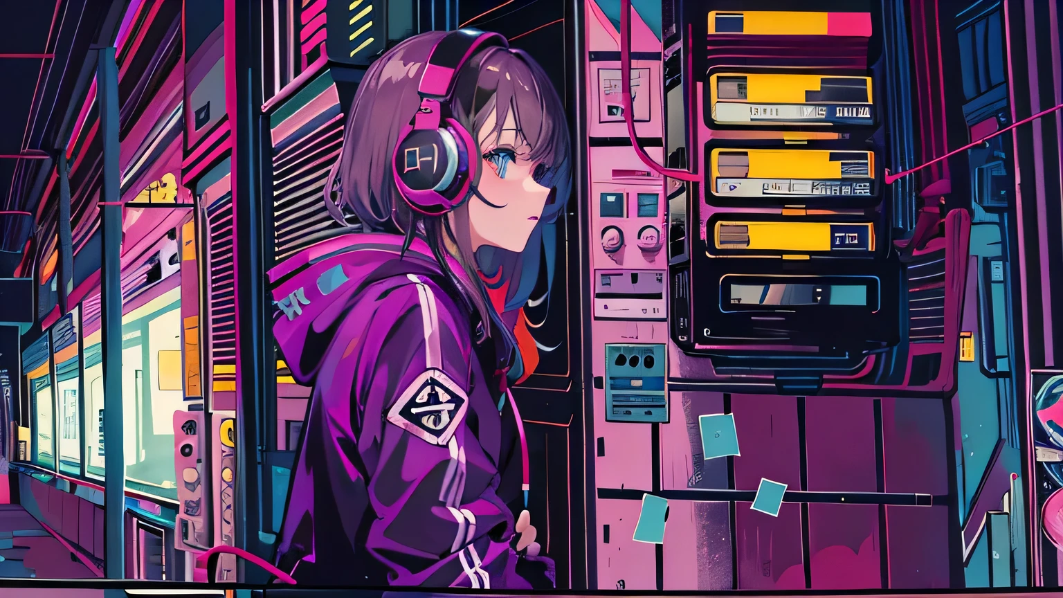 masterpiece, one girl, incredibly absurd, alone, hoodie, headphones, indoor,window,night,neon,cyber punk