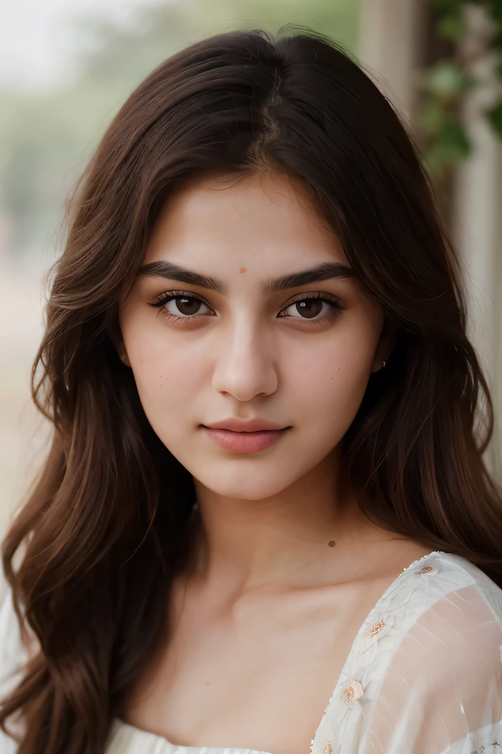 "Craft a captivating portrait that showcases the allure of an 18-year-old young Pakistani Russian girl who is pretty, cute, and looking directly to the Camera with dark brown eyes, sharp nose porcelain white skin, and cascading chestnut hair, capturing her essence with delicate features and an air of timeless beauty."