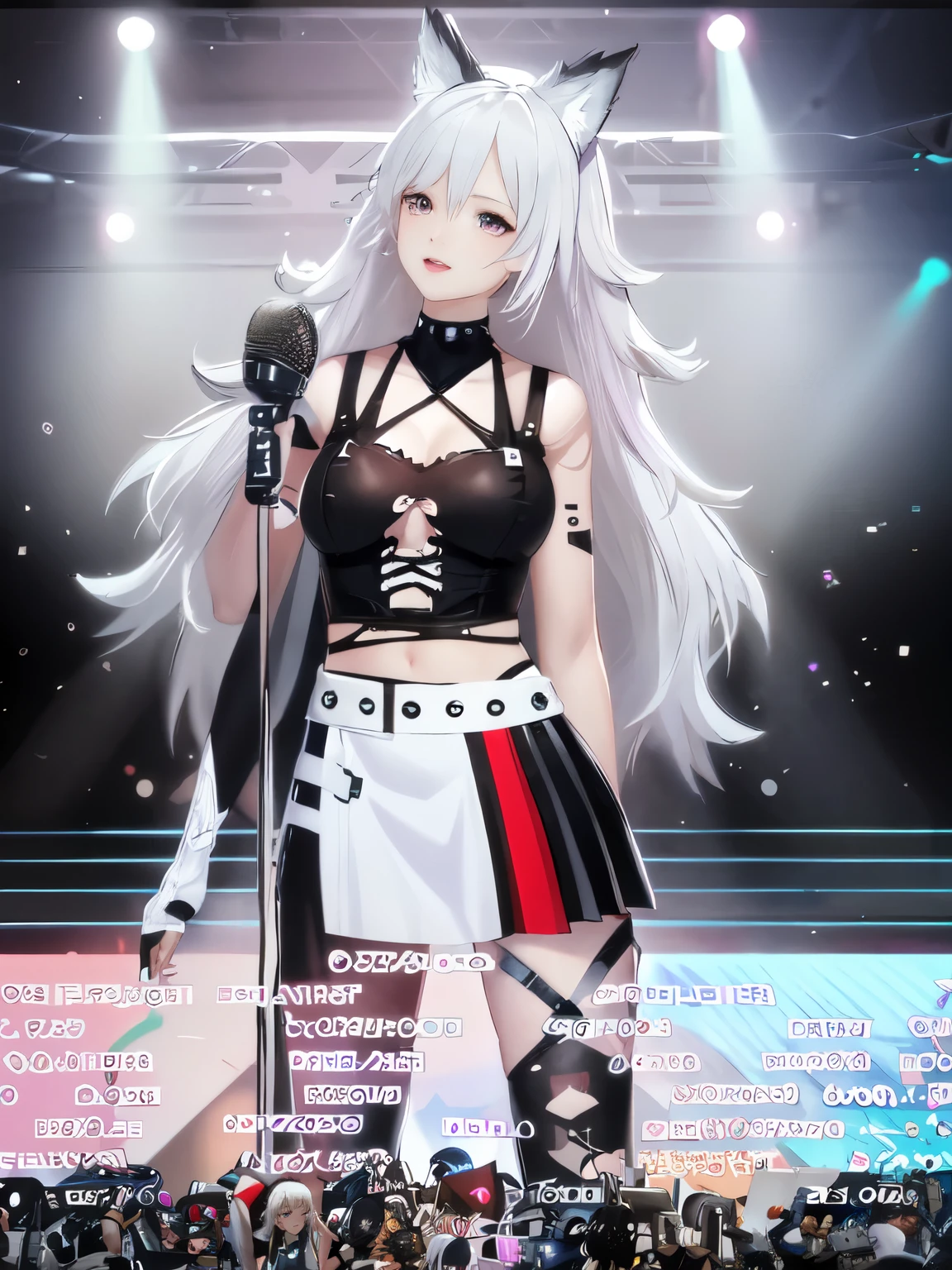 anime girl with white hair and lilac eyes in a black outfit with a microphone and microphone, virtual model of youtuber live2d, Anime VTuber Full Body Model, Tifa Lockhart with white hair, girls on the front line universe, from girls on the front line, The perfect white-haired girl, from the video game Azur Lane, my dressy anime, Expensive, girls on the front line style, visual novel cg, small parts. girls on the front line, on stage, 4k, 8k, hd, anime girl in a black outfit with a microphone and microphone, virtual model of youtuber live2d, Anime VTuber Full Body Model, Tifa Lockhart with white hair, girls on the front line universe, from girls on the front line, The perfect white-haired girl, from the video game Azur Lane, my dressy anime, Expensive, girls on the front line style, visual novel cg, small parts. girls on the front line, high facial detail, Face quality, drawing fingers, detailed fingers, Fox ears, Fox Girl, purple eyes, vertical pupil, eye detail