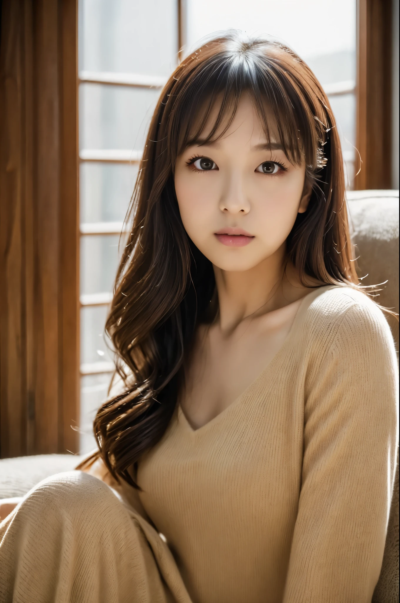 highest quality, masterpiece, High resolution, Photoreal, Raw photo, 8k wallpaper, perfection, professional lighting, very detailed, Depth of bounds written, ((Japan female in her 30s)), Slender, sexy, detailed face, beautiful eyes, bangs, straight hair, faint lips, ((look at the viewer, serious face)), knit dress、sitting on the sofa,