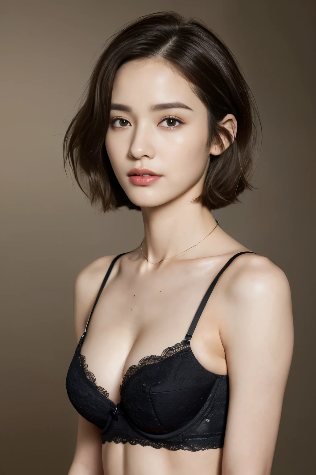 ((top-quality、8K、masterpiece: 1.erfect Body Beauty: 1.4、Slender Abs: 1.2、Beautiful woman with slender abs:1.3、(Highlight Haircutreast B Cup:1.2), medium breast, round shape breast, perfect shape breast, ((black)) ( bra strap drop ), necklace, hyperdetailed face、18year old、 Pretty women、(Dark brown short-cut hair), Slim Face、Highly detailed facial and skin texture、very detailed lips、opens legs、top-quality、masterpiece、超A high resolution、(Photorealsitic:1.4), walked forward confidently, long shot , studio background