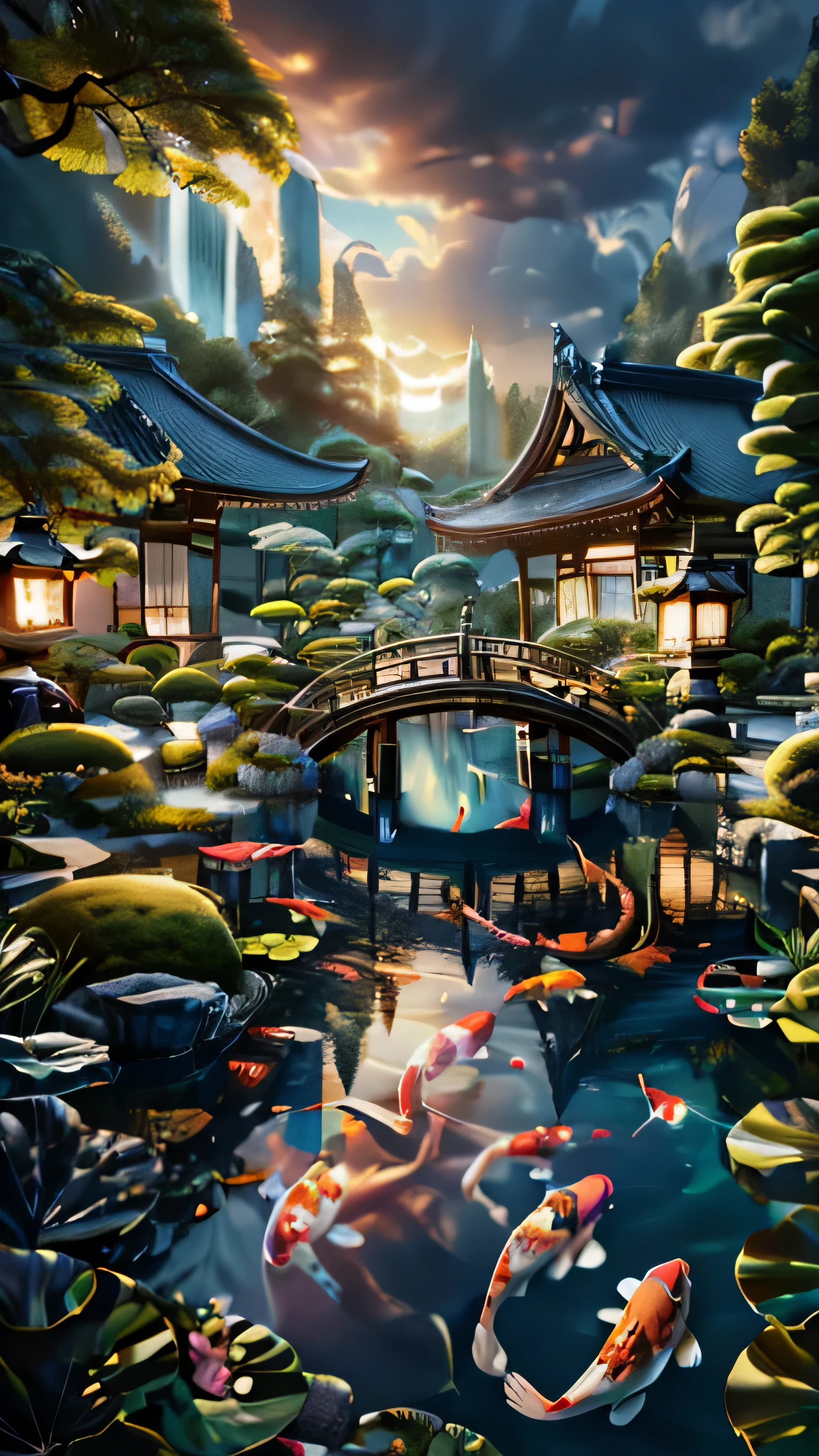 (8k, highres, masterpiece:1.2), ultra-detailed, realistic:1.37, evening pond, calm water, golden sunset, tranquil atmosphere, gentle ripples, lush greenery, vibrant reflections, graceful lotus flowers, serene environment, peaceful setting, subtle color palette, soft natural lighting