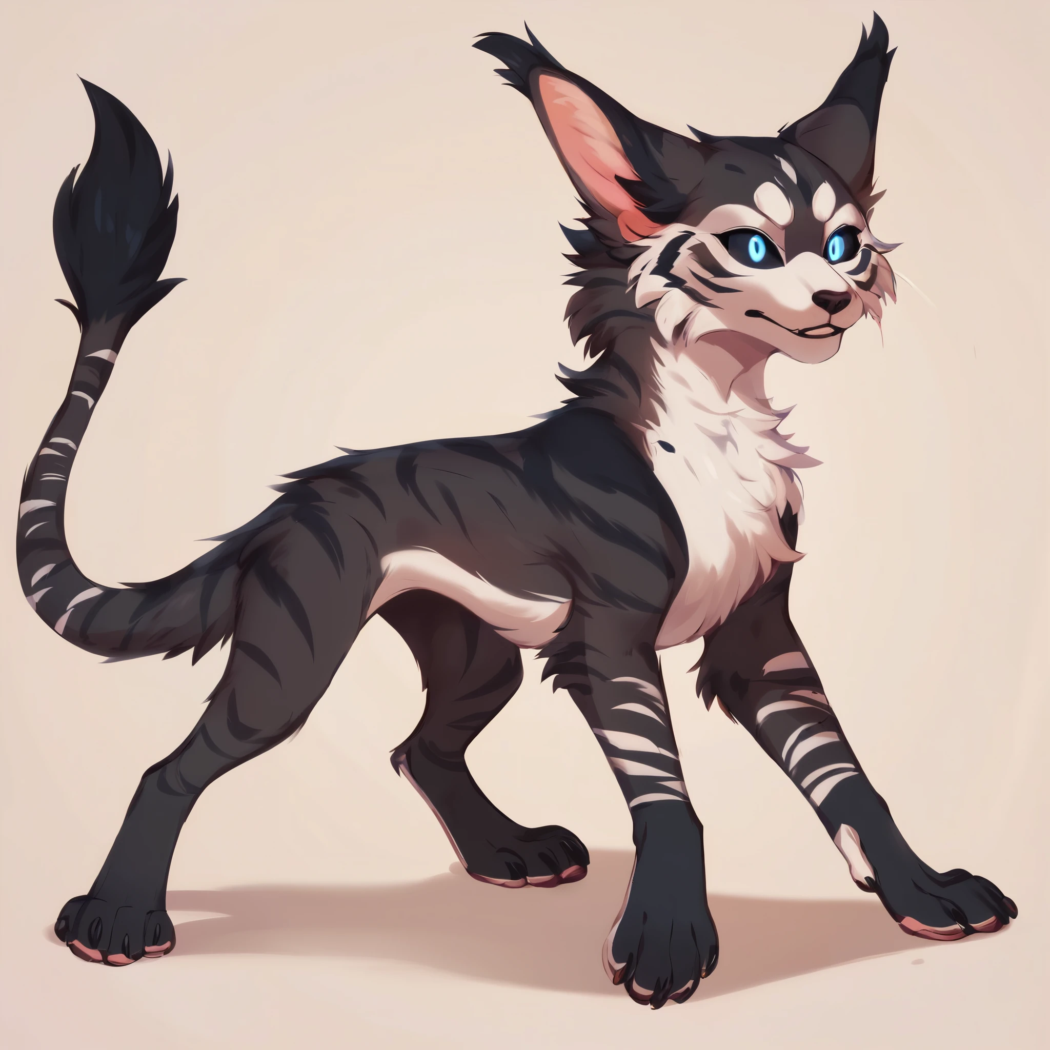 score_9, score_8_up, score_7_up, score_6_up, score_5_up, score_4_up, show accurate, full body, simple background, solo, feral chupacabra, female chupacabra, teenage chupacabra, adorable face, standing on all fours, black sclera, sapphire blue eyes, bright eyes, playful look, overflowing emotion, skinny body, full black fur, white fur, white face with black stripes, only black and white color fur, white chest, black tail, black legs,