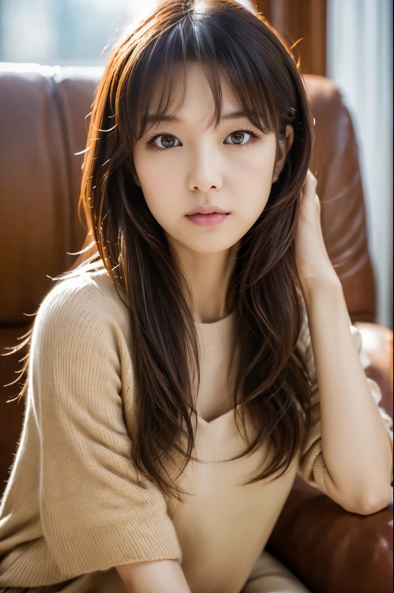 highest quality, masterpiece, High resolution, Photoreal, Raw photo, 8k wallpaper, perfection, professional lighting, very detailed, Depth of bounds written, ((Japan female in her 30s)), Slender, sexy, detailed face, beautiful eyes, bangs, straight hair, faint lips, ((look at the viewer, serious face)), knit dress、sitting on the sofa,