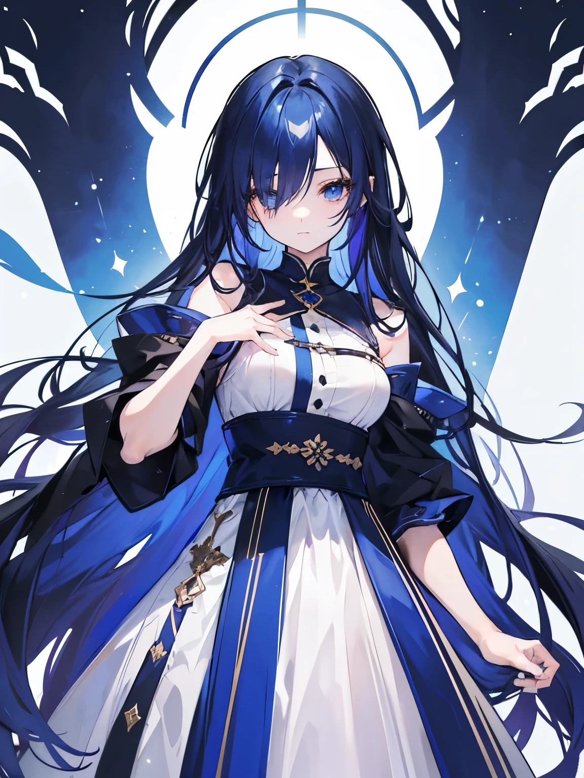 Young beautiful girl , Hair color that is a mixture of indigo and blue , Long hair down to the waist , well-groomed head , Hair completely covering one eye , dismal , Clothes that are large compared to the body , dark colored clothes , Feeling droopy , white background , 아주 Young beautiful girl , , 