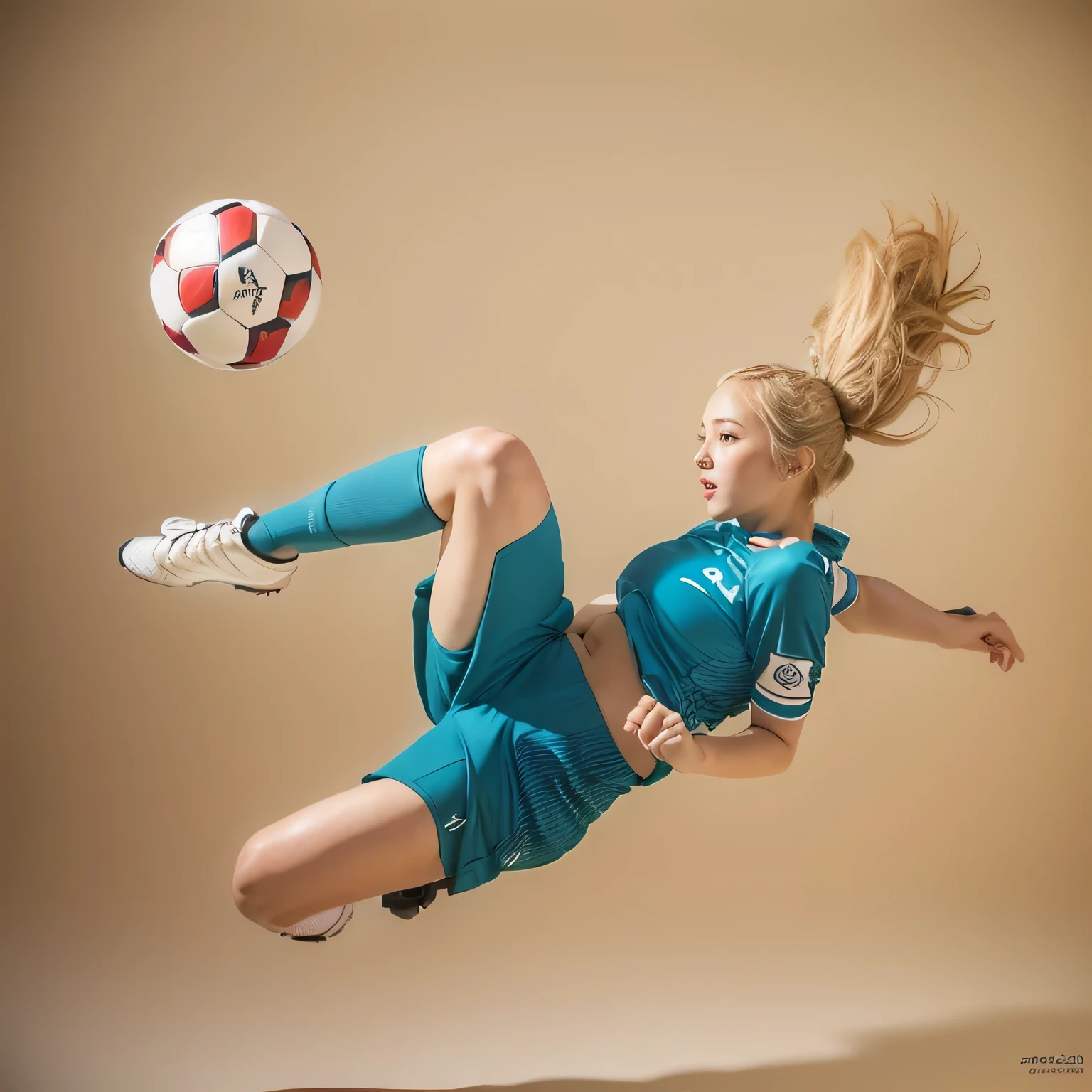 Top quality, 55mm lens,f/1,(full body:1.5), looking at soccer ball,
solo,1 beautiful japanese woman,beautiful eyes,bright pupils,Outraged,delicate face,detailed skin,perfect hands,perfect fingers,Blonde Hair,[Brown inner hair:1.35], wearing Sports bra, football shorts, football boots, a soccer, jumping posture, white background,