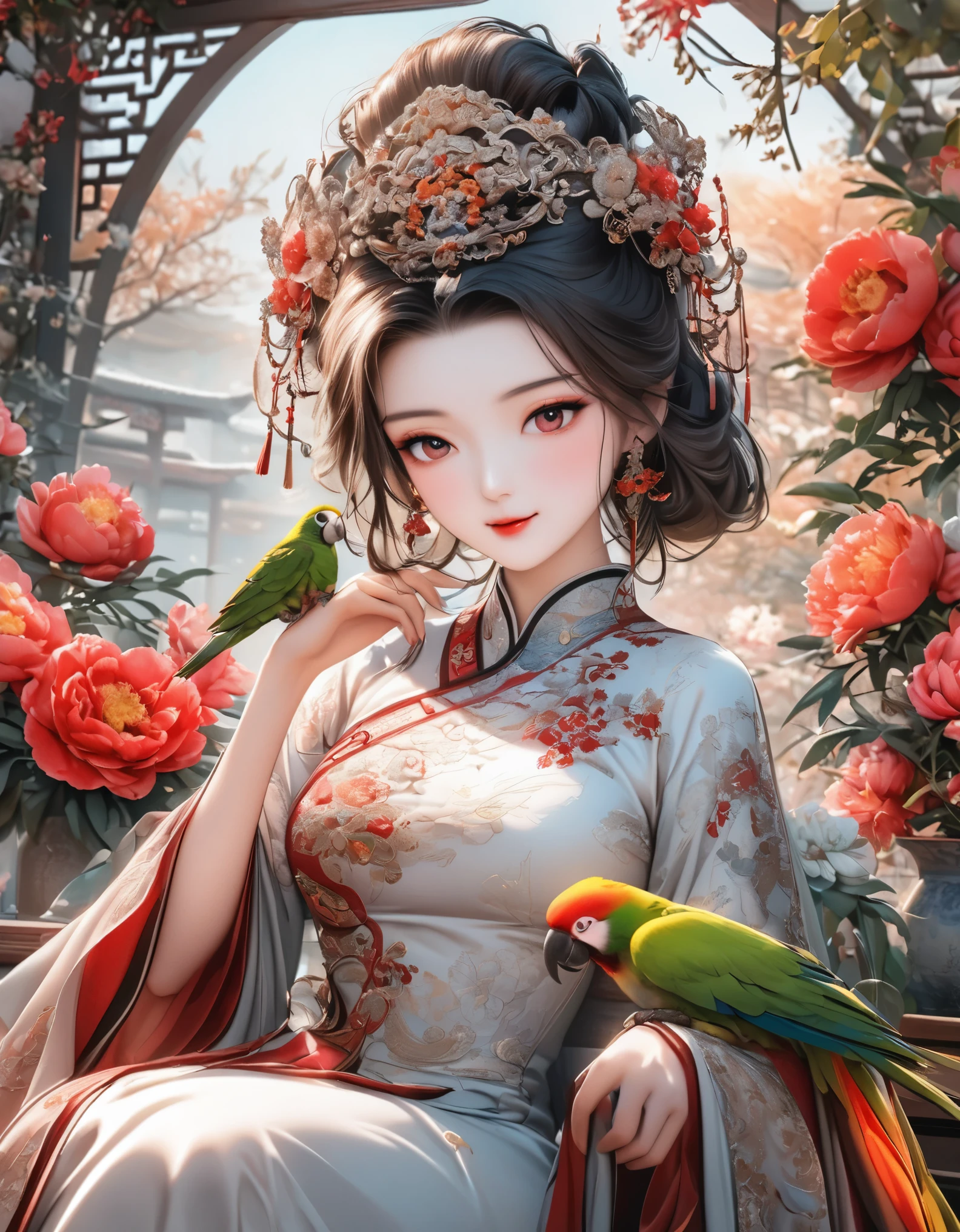 A beautiful young woman in traditional Chinese attire, surrounded by a lush garden. She is holding a parrot on her finger, gazing at it with gentle eyes. The woman's hair is styled in an elaborate updo adorned with flowers and traditional ornaments. Her dress is elegant, featuring fine silk with floral embroidery. The garden is in full bloom, with peonies and other flowers providing a backdrop. The scene captures the serenity and beauty of classical Chinese art, with a touch of nature harmony, (((Ultra-high saturation, high natural saturation, extremely bright colors)))