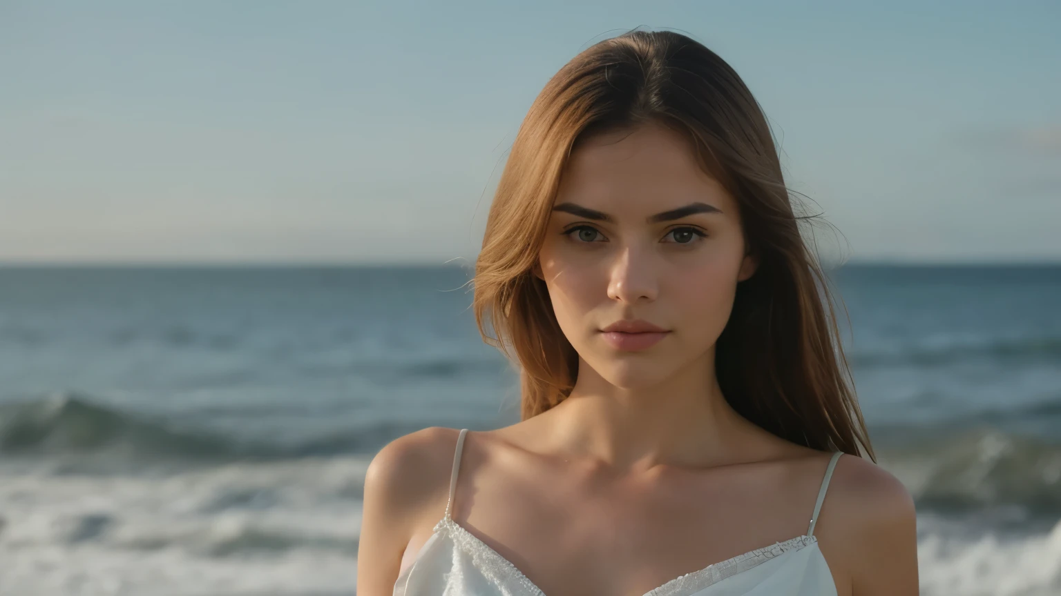 sharp focus,  Smile, intricate details, at the seaside, Perfect hairstyle,  Andreas Gursky, Epic character composition (movie lighting:1.1), Shot with Fujifilm X-H2S, 90mm f/8 macro lens, Using expired Kodak VISION3 500T color negative film, 8K, (whole body)