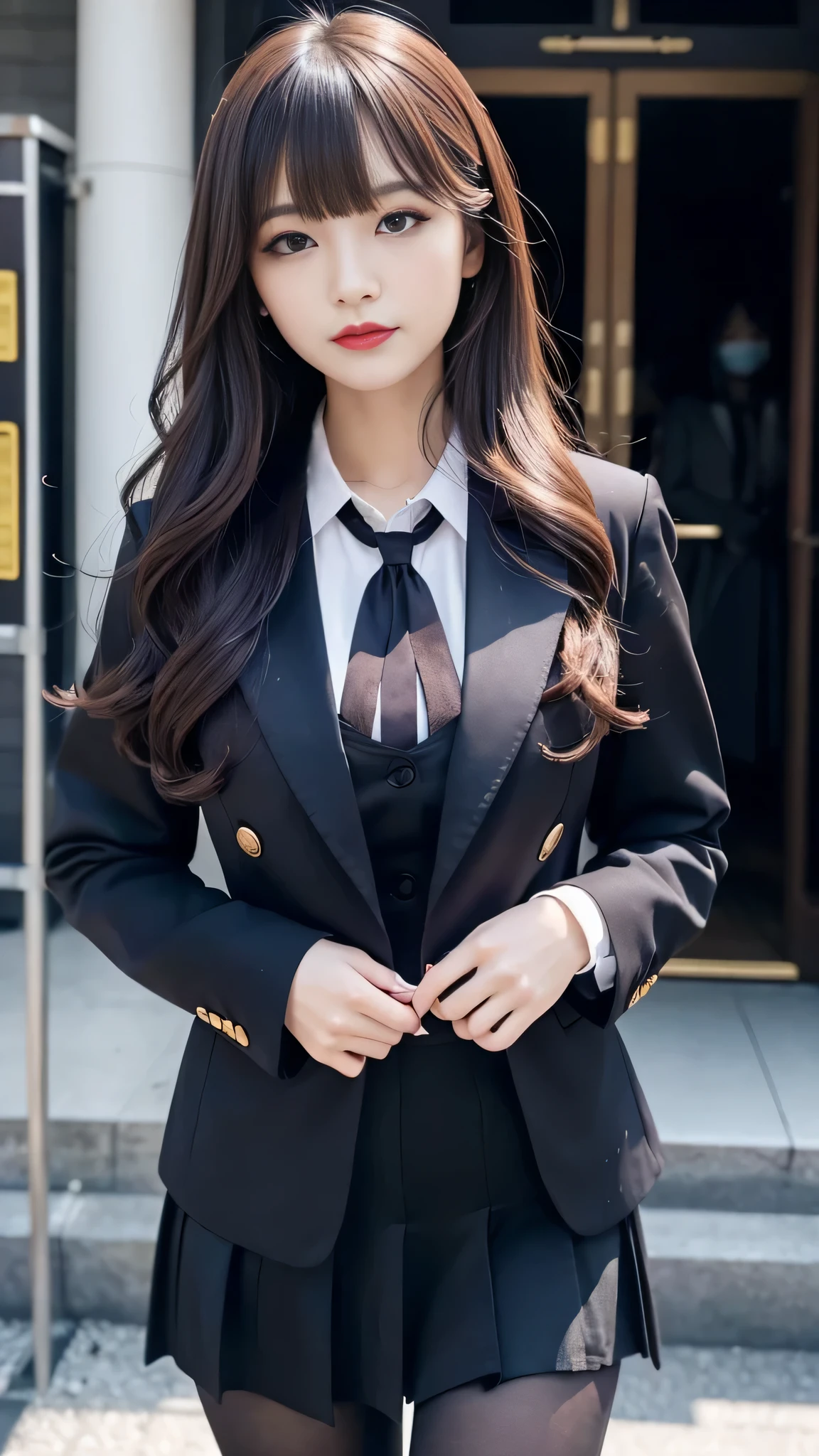 ltra-detailed、Japanese、attractive beauty、seductive adult woman、pretty woman、2woman、piercing eyes、cool girl、wavy hair、swept bangs、student、suit、Jacket、shirt、ribbon、blouse、Tight Skirt、pantyhose、beautiful feet、Evil cadres、evil depravity、brainwash、mind control、lipstick、smirk、dark makeup、hollow eyes,half-closed eyes、evil look、evil、empty eyes、evil、church at night、vampire、succubus、vampire、Swear allegiance、stand、