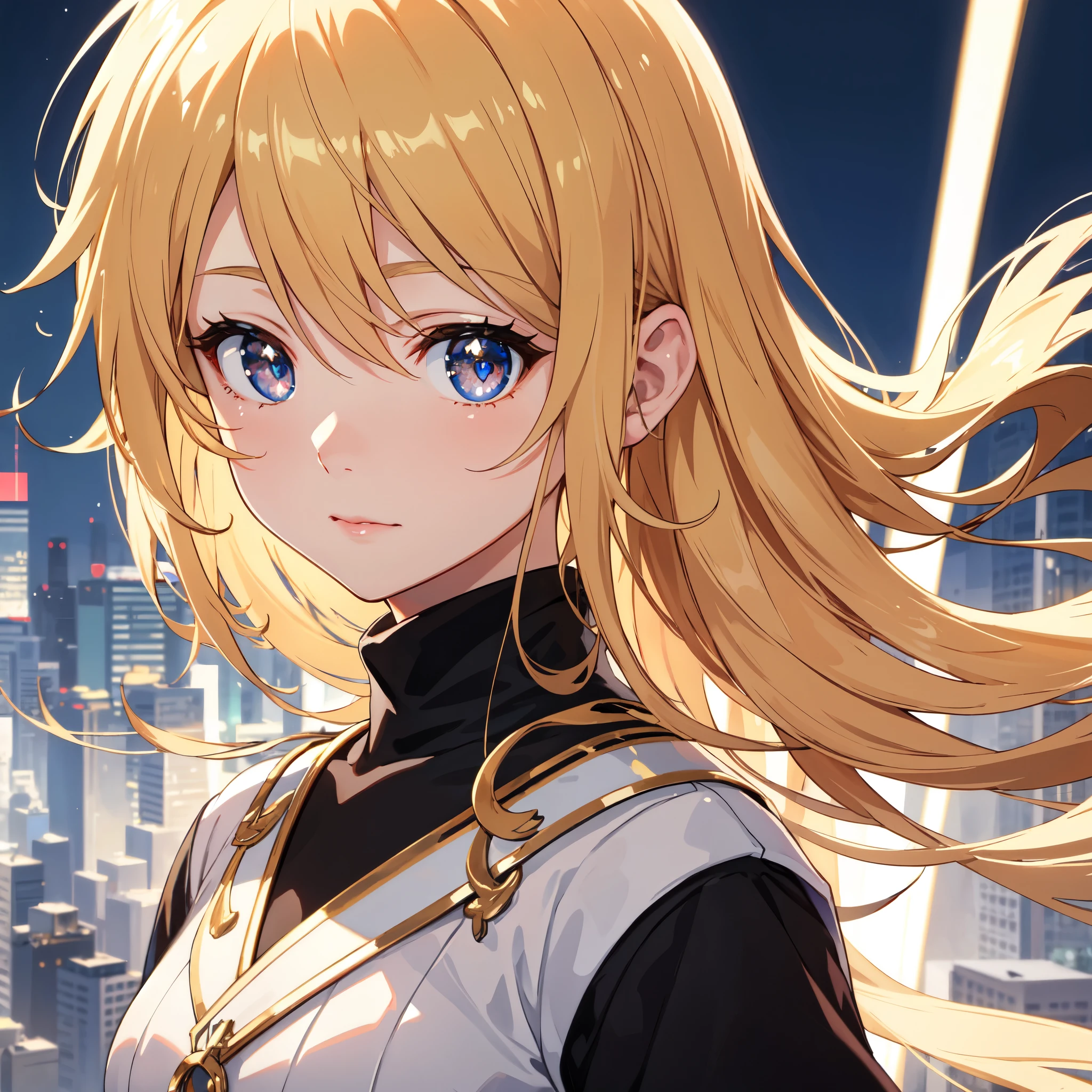 ((highest quality)), ((masterpiece)), (be familiar with), perfect face，(anime)，look away，medium hair，blonde，charming eyes，(Composition from the side)，The background is the city，Confident expression，Glittering，pouring light，High definition，(Soft impression)