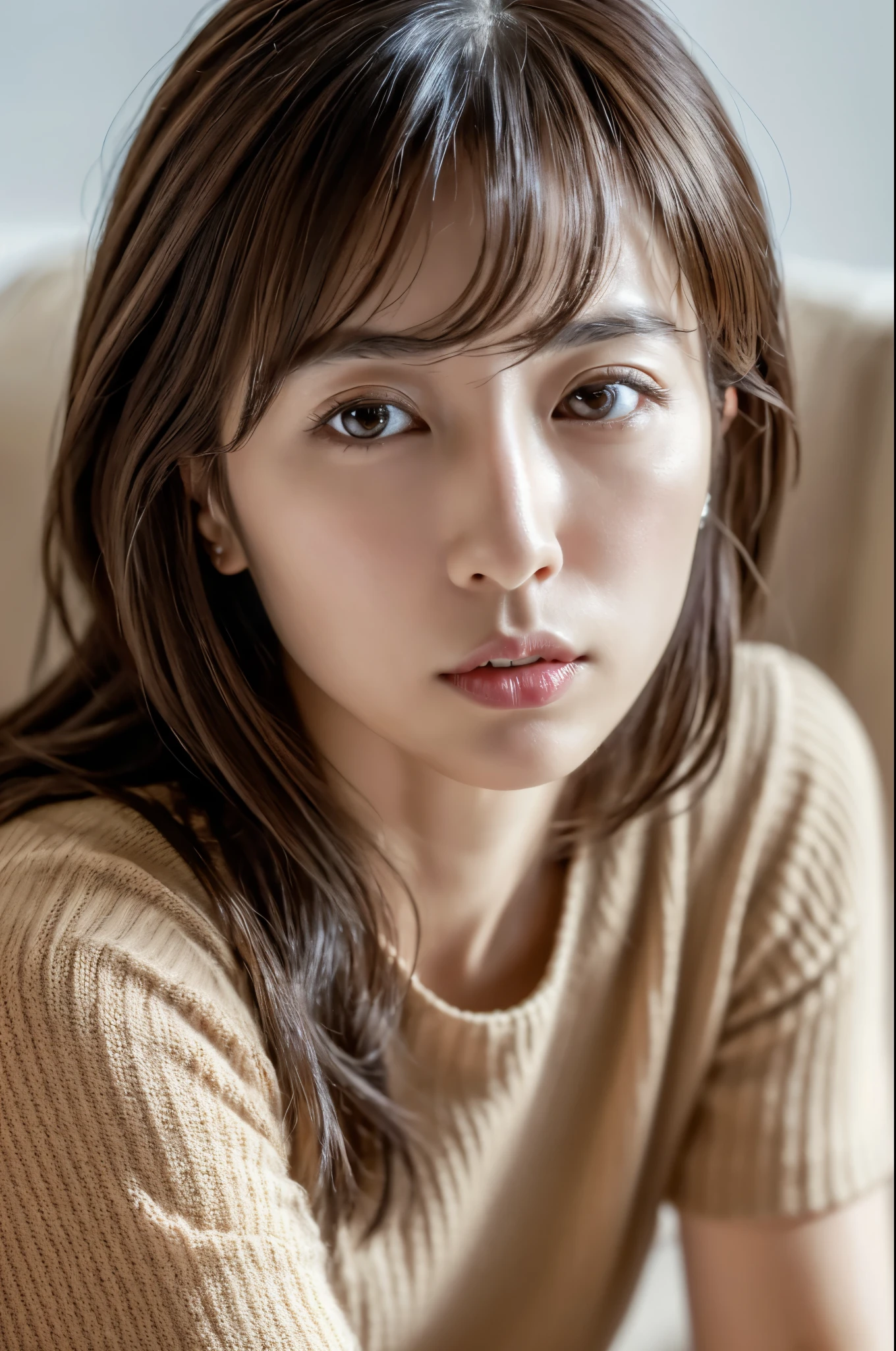 highest quality, masterpiece, High resolution, Photoreal, Raw photo, 8k wallpaper, perfection, professional lighting, very detailed, Depth of bounds written, ((Japan female in her 30s)), Slender, sexy, detailed face, beautiful eyes, bangs, straight hair, faint lips, ((look at the viewer, serious face)), knit dress, sitting on the sofa,