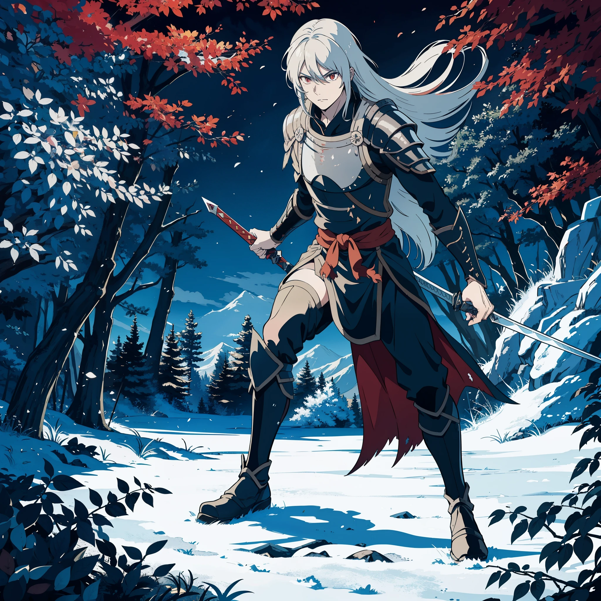 2D Animation, personality: Rhaegar - Unsheathe his sword and getting into a defensive stance as he hears approaching footsteps in the dark forest. Express fearlessly prepared for battle. unreal engine, hyper real