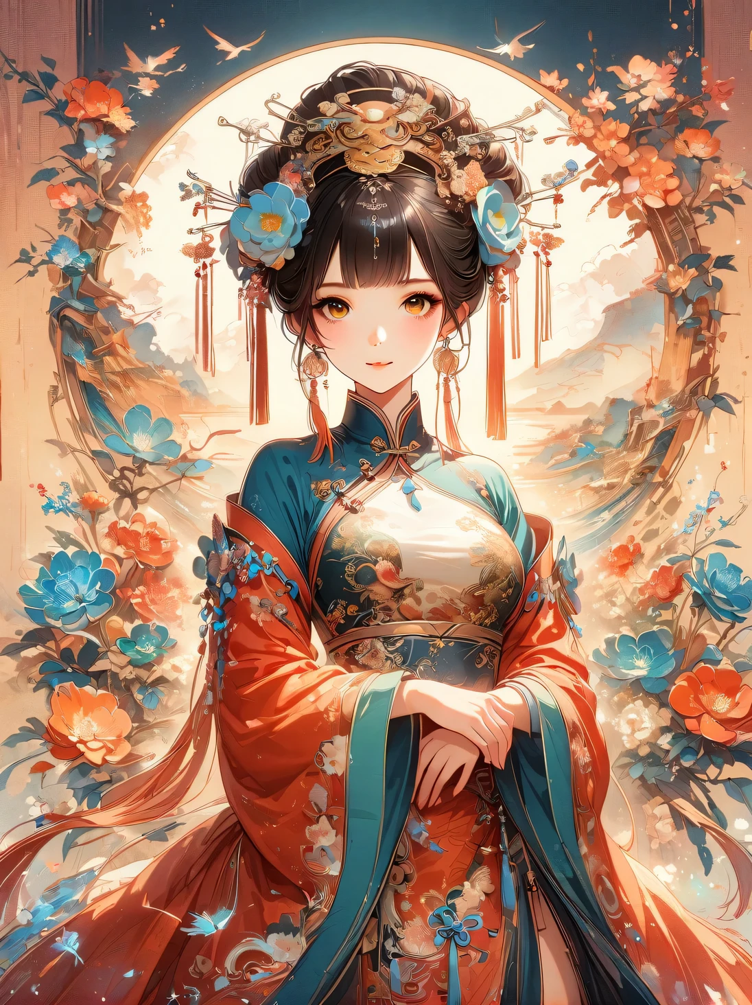 A beautiful young woman in traditional Chinese attire, surrounded by a lush garden. She is holding a parrot on her finger, gazing at it with gentle eyes. The woman's hair is styled in an elaborate updo adorned with flowers and traditional ornaments. Her dress is elegant, featuring fine silk with floral embroidery. The garden is in full bloom, with peonies and other flowers providing a backdrop. The scene captures the serenity and beauty of classical Chinese art, with a touch of nature harmony，Chinese illustration，flat illustration，Marker drawing，color ink on paper，vector illustration