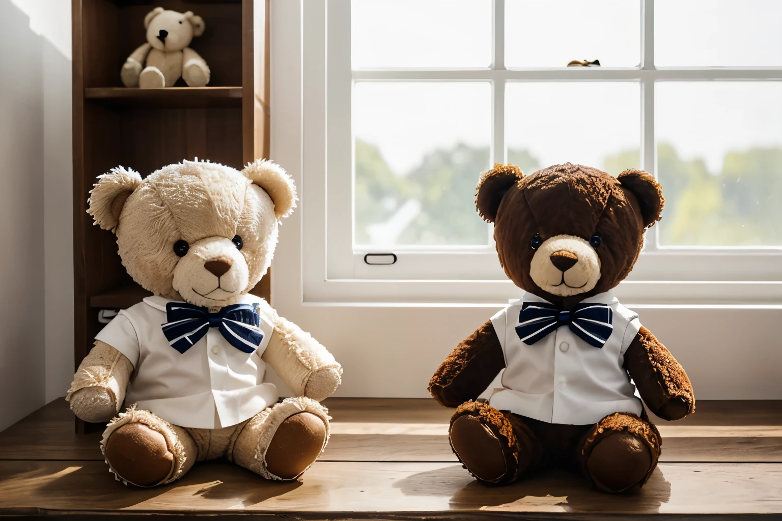 Two small teddy bear plush toys, one brown and one white, are seated side by side on a wooden shelf, each with two arms and two legs, featuring impeccable craftsmanship. They are dressed in sailor collar outfits, against a white wall, with a residential area visible through the window.