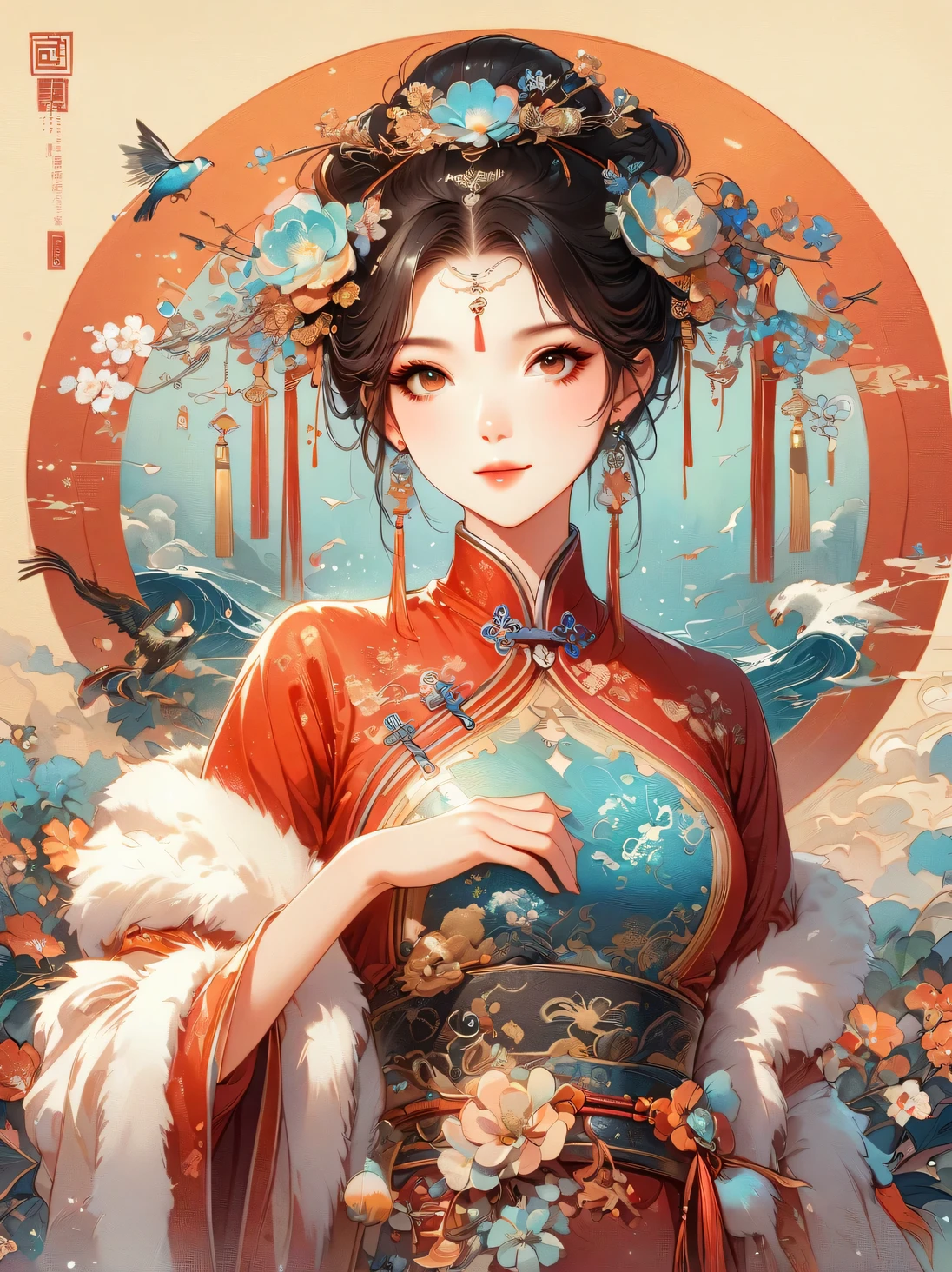 A beautiful young woman in traditional Chinese attire, surrounded by a lush garden. She is holding a parrot on her finger, gazing at it with gentle eyes. The woman's hair is styled in an elaborate updo adorned with flowers and traditional ornaments. Her dress is elegant, featuring fine silk with floral embroidery. The garden is in full bloom, with peonies and other flowers providing a backdrop. The scene captures the serenity and beauty of classical Chinese art, with a touch of nature harmony，Chinese illustration，flat illustration，Marker drawing，color ink on paper，vector illustration