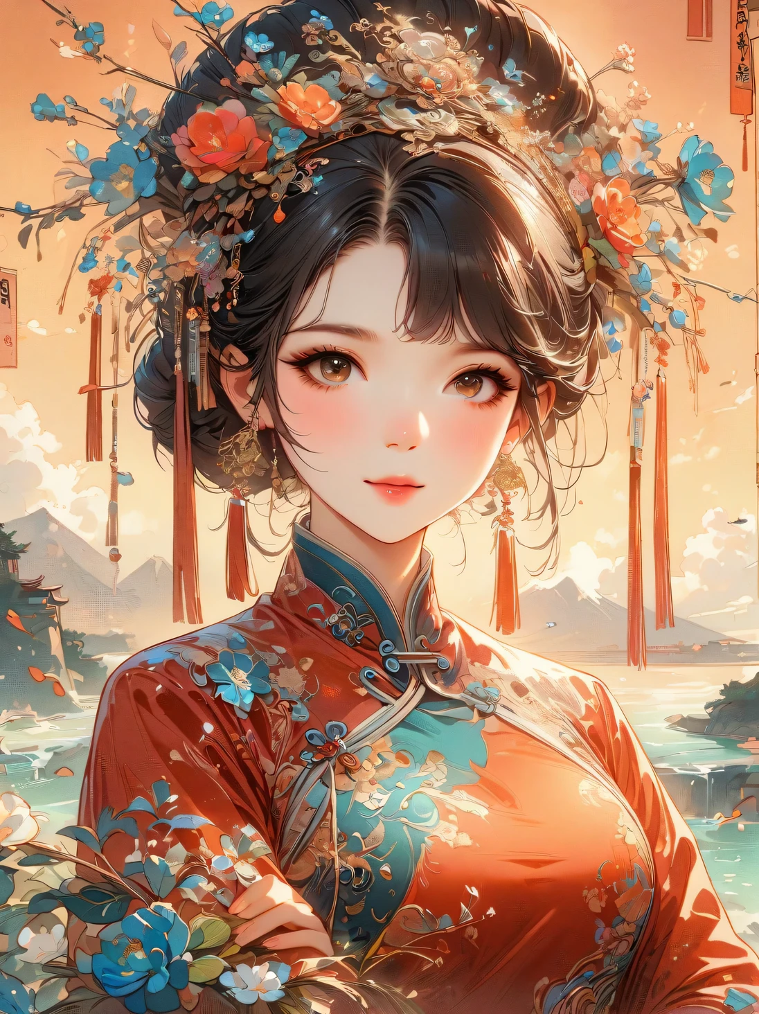 A beautiful young woman in traditional Chinese attire, surrounded by a lush garden. She is holding a parrot on her finger, gazing at it with gentle eyes. The woman's hair is styled in an elaborate updo adorned with flowers and traditional ornaments. Her dress is elegant, featuring fine silk with floral embroidery. The garden is in full bloom, with peonies and other flowers providing a backdrop. The scene captures the serenity and beauty of classical Chinese art, with a touch of nature harmony，Chinese illustration，flat illustration，Marker drawing，color ink on paper，vector illustration